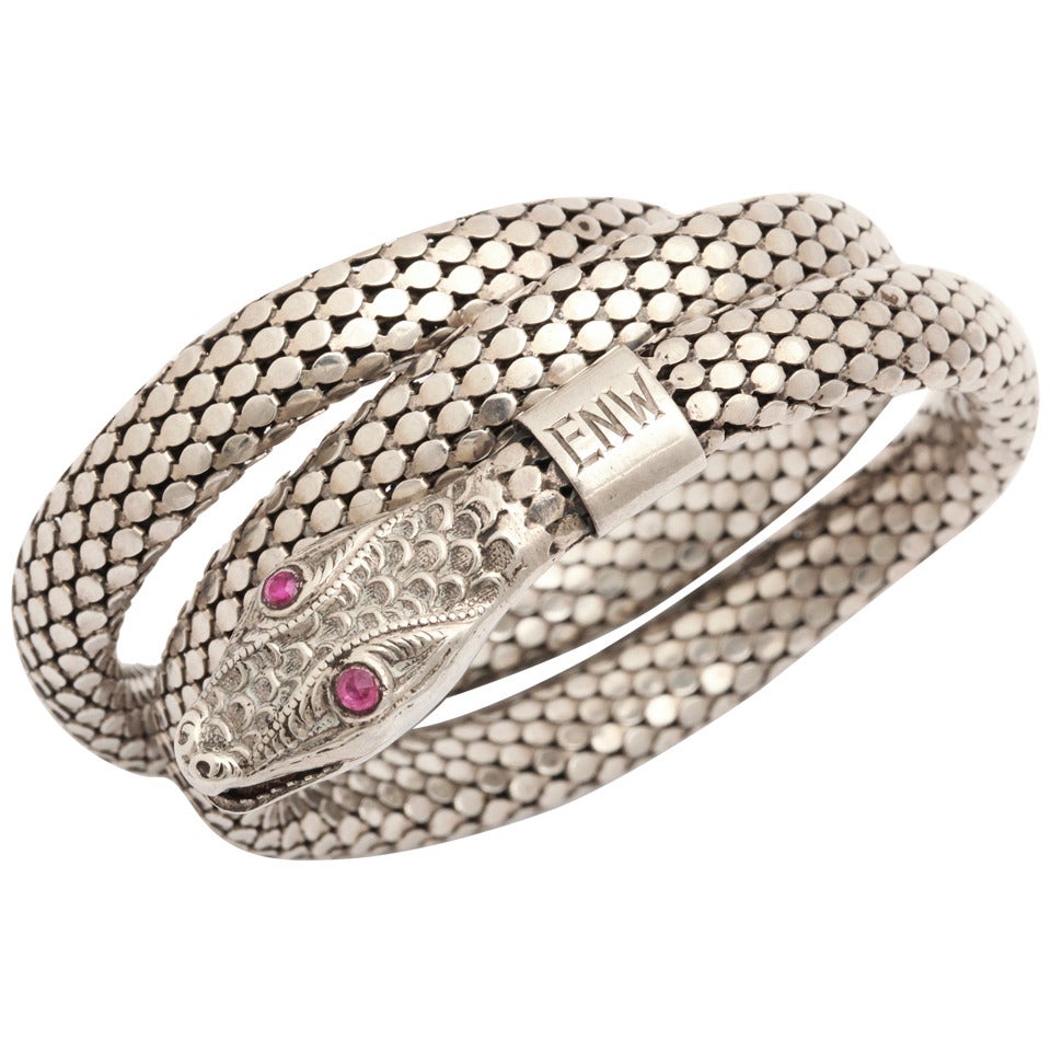 Art Deco Flexible Silver Serpent Bracelet with Ruby Eyes at 1stDibs