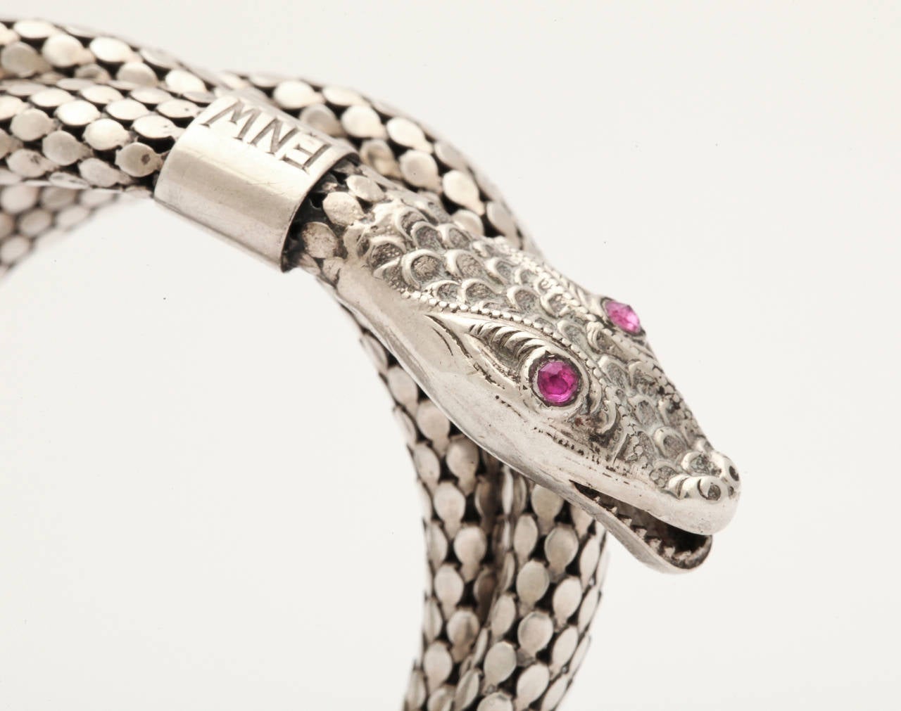 Art Deco Flexible Silver Serpent Bracelet with Ruby Eyes 4