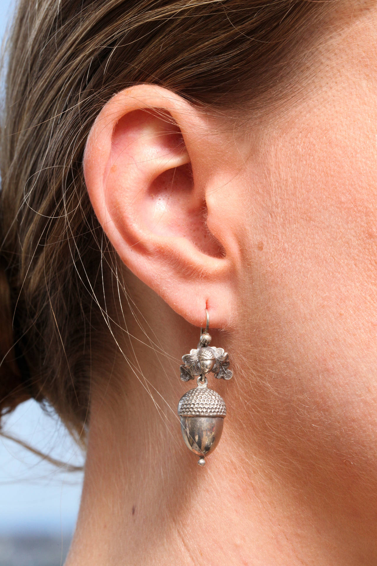 Victorian Silver Acorn and Oak Leaf Dangle Earrings 1