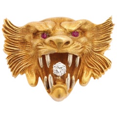 Art Nouveau Diamond Ruby Yellow Gold Lion Brooch