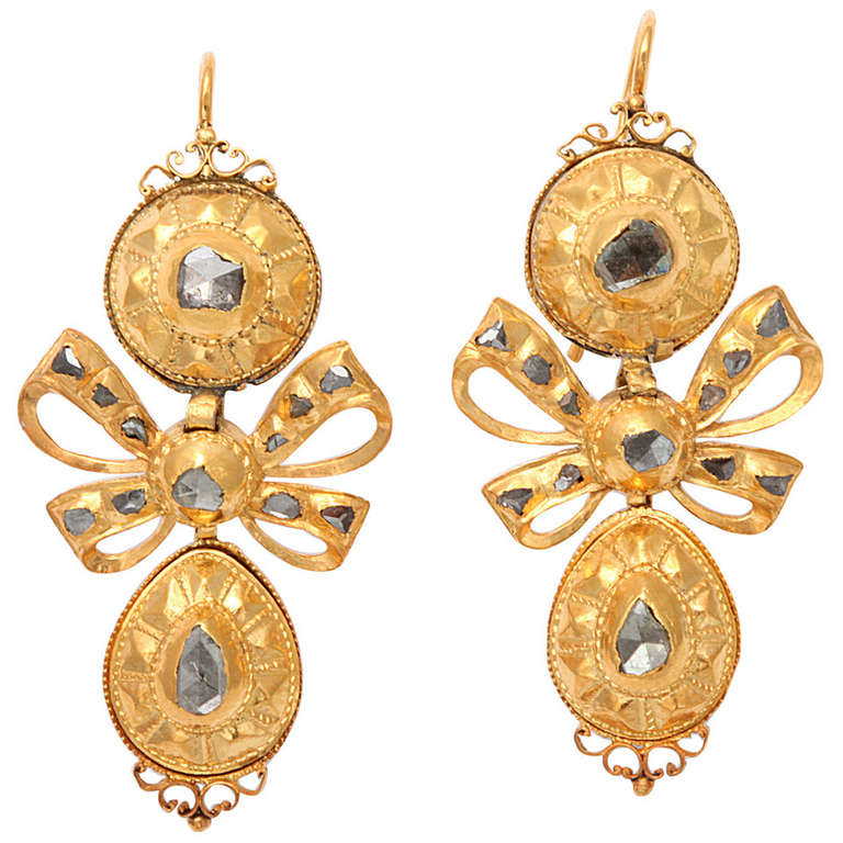 18th Century Iberian Pendeloque Diamond Shield Earrings