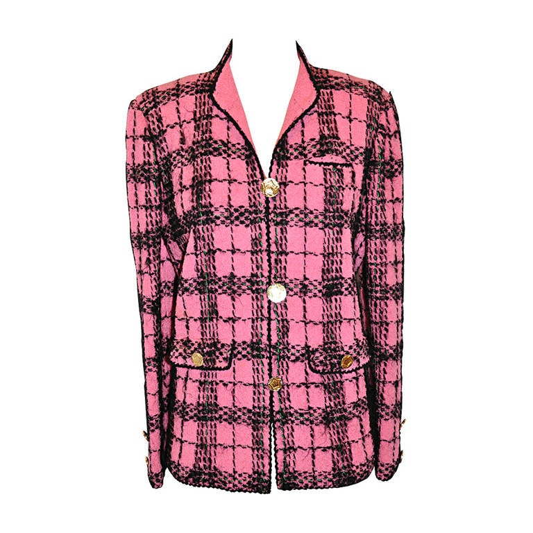 Adolfo Bold Fuchsia & Black Wool Plaid Jacket