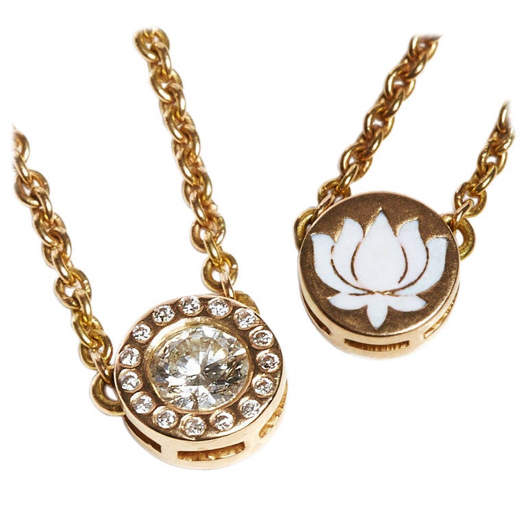 Jade Jagger Enamel Diamond Gold Om/Lotus Flower Pendant For Sale