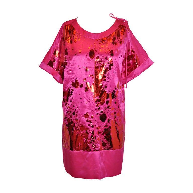 Sonia Rykiel Bold Fuchsia Silk with Metallic Red Accents Tunic Dress For Sale