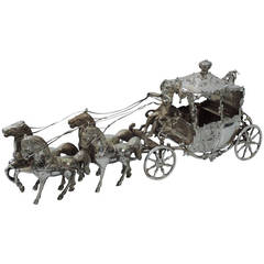 Antique Rococo Carriage - German Silver - Coach & Four with Rotating Wheels