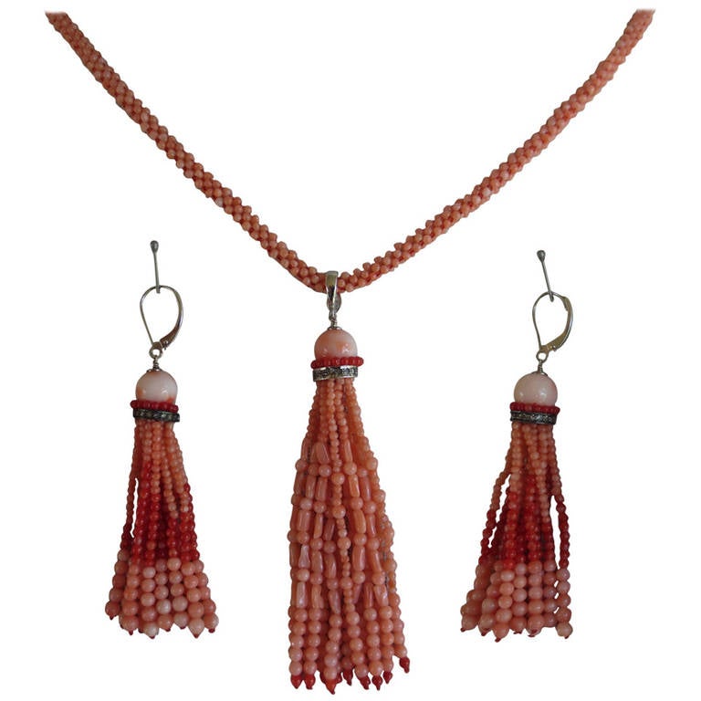 Coral Sautoir and Tassel Earring Set