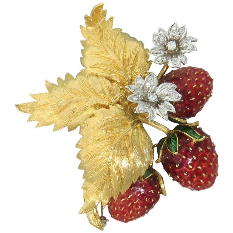 Impressive Mid-Century Enamel Diamond Gold Strawberry Brooch Clip Pin