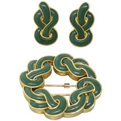 Angela Cummings Aventurine Gold Earrings Brooch Set