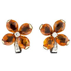 Orange Citrine Diamond Gold Floral Earrings