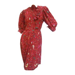 Vintage Emanuel Ungaro Paris Crimson Silk Circus Print Dress Size 6  c 1980
