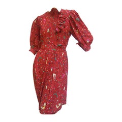 Retro Emanuel Ungaro Paris Crimson Silk Circus Print Dress Size 6  c 1980