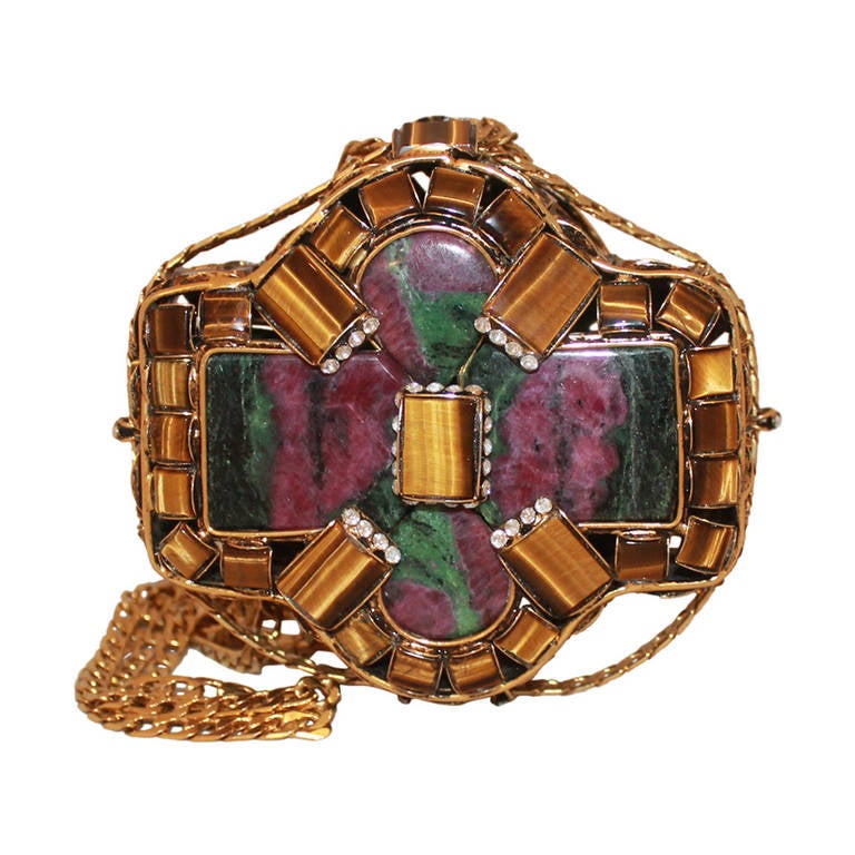 Iradj Moini Tiger
s Eye 
Malachite Gold Evening Bag - circa 1998