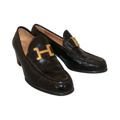 Vintage Hermes Black Leather "H" Buckle Loafers - 37