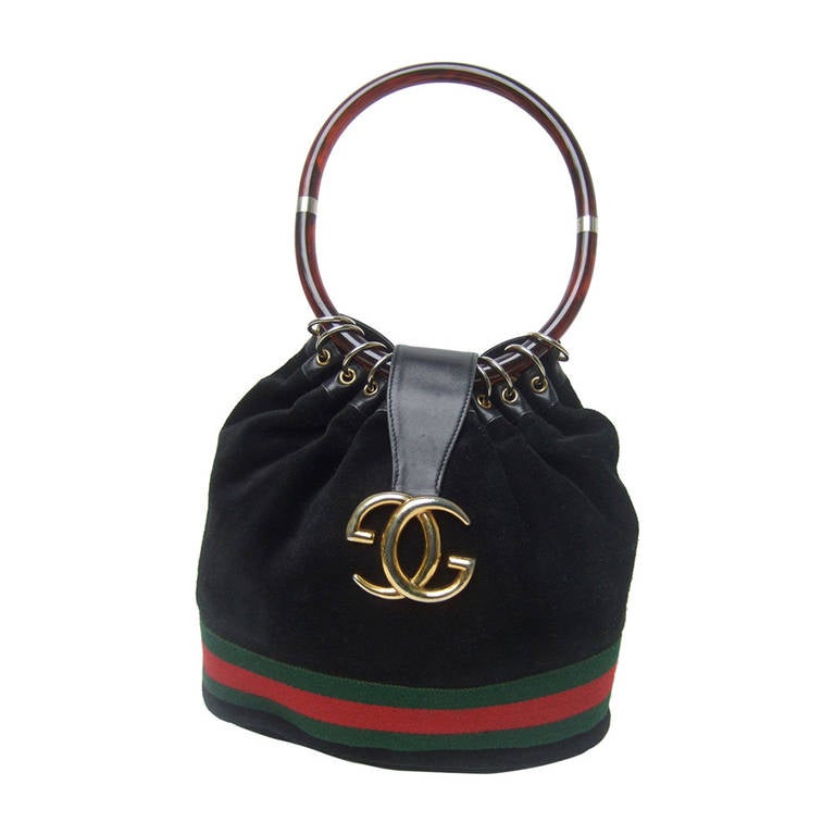 Gucci Luxurious Black Suede Lucite Handle Handbag c 1970