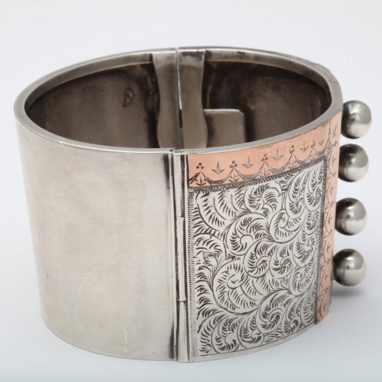 Victorian Era Sterling Silver and Gold Buttoned Corset Bracelet In Excellent Condition In Stamford, CT