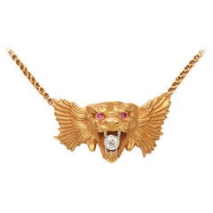 Art Nouveau Lion Necklace with Diamond and Rubies 6