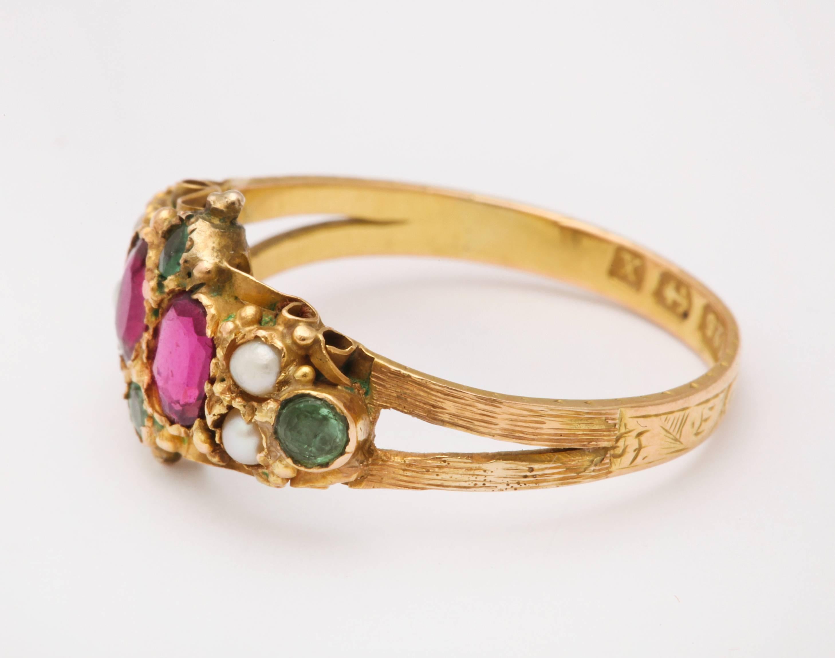 Victorian Endearing Ring of Rubies, Emeralds and Pearls 