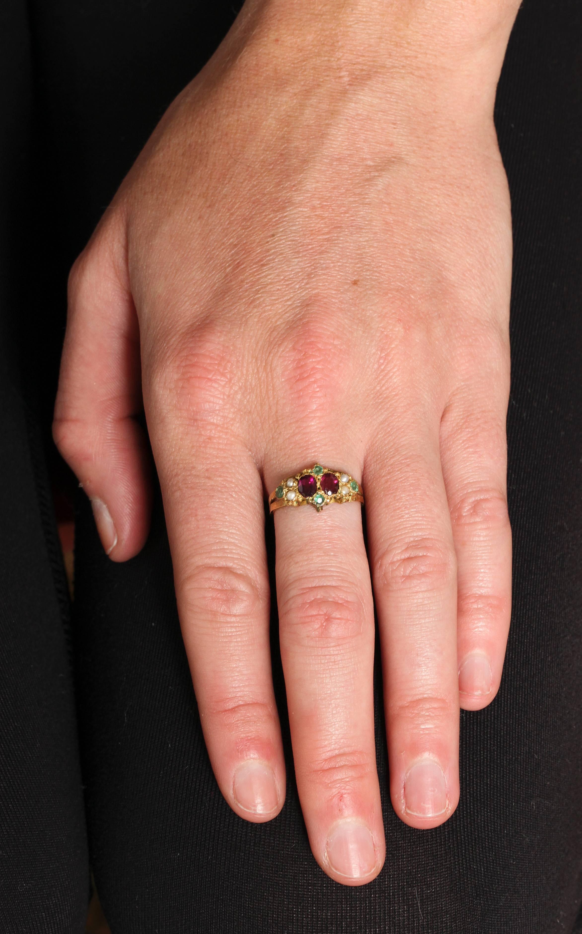 Endearing Ring of Rubies, Emeralds and Pearls  In Excellent Condition In Stamford, CT