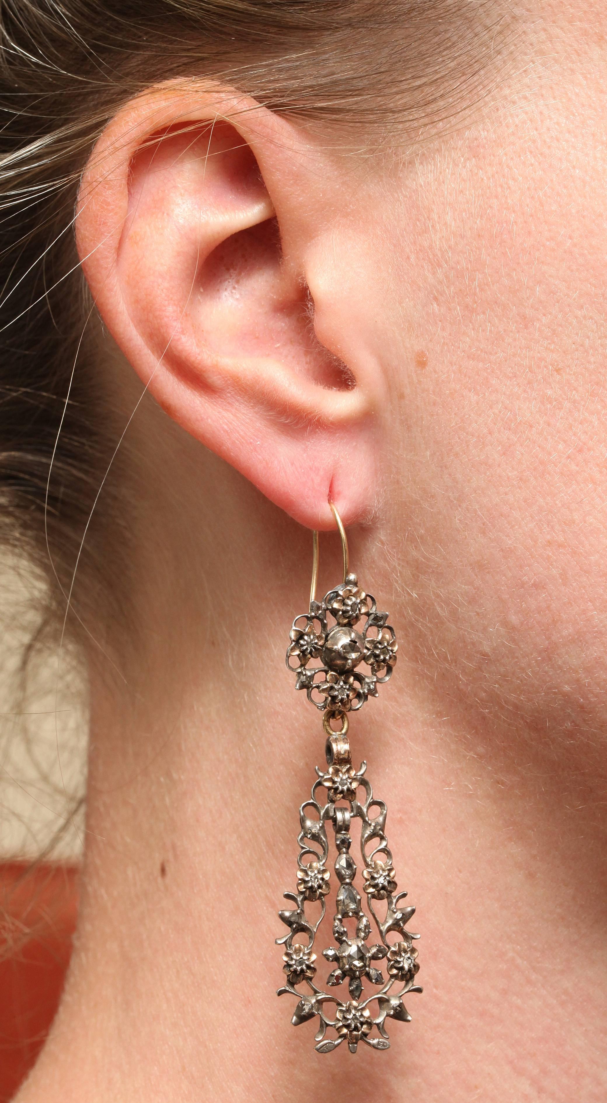 George III 15 kt and Sterling, Gold and Diamond Flemish Chandelier Earrings c.1820  For Sale