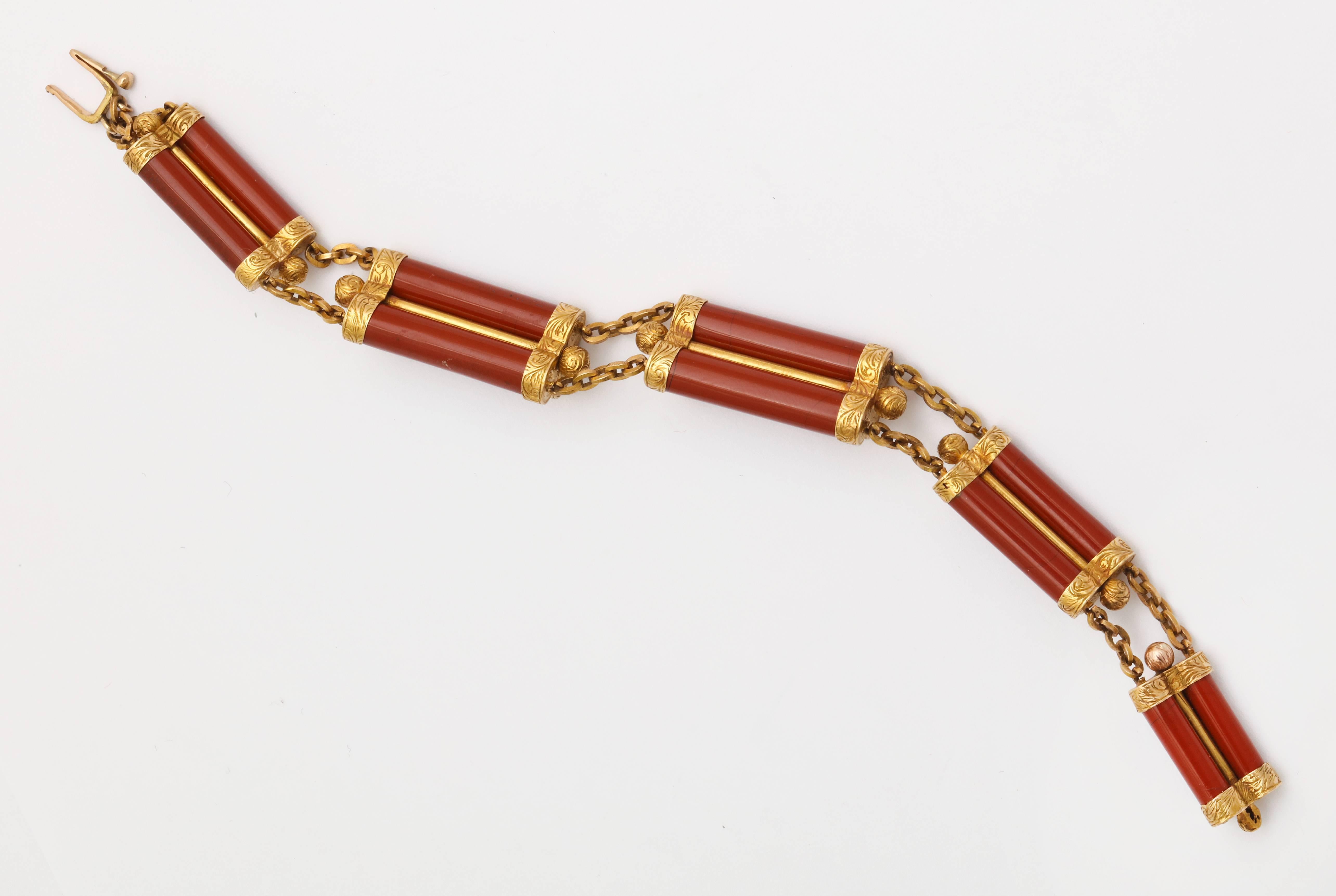 Bright and Beautiful Scottish Red Jasper Bracelet with Gold Engraving In Excellent Condition In Stamford, CT