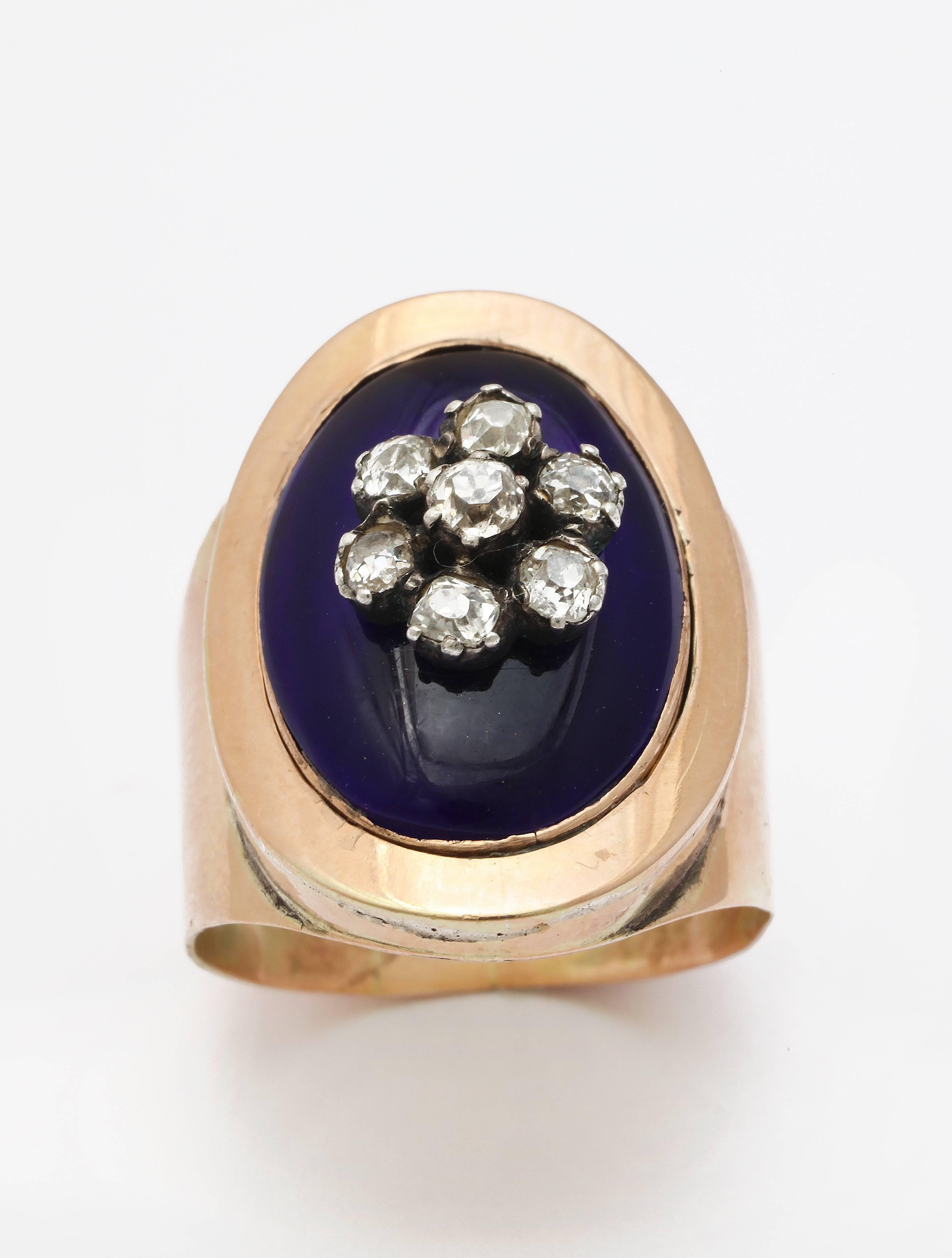 Old European Cut 15 Karat Striking Victorian European Cut Diamond Enamel Floral Ring