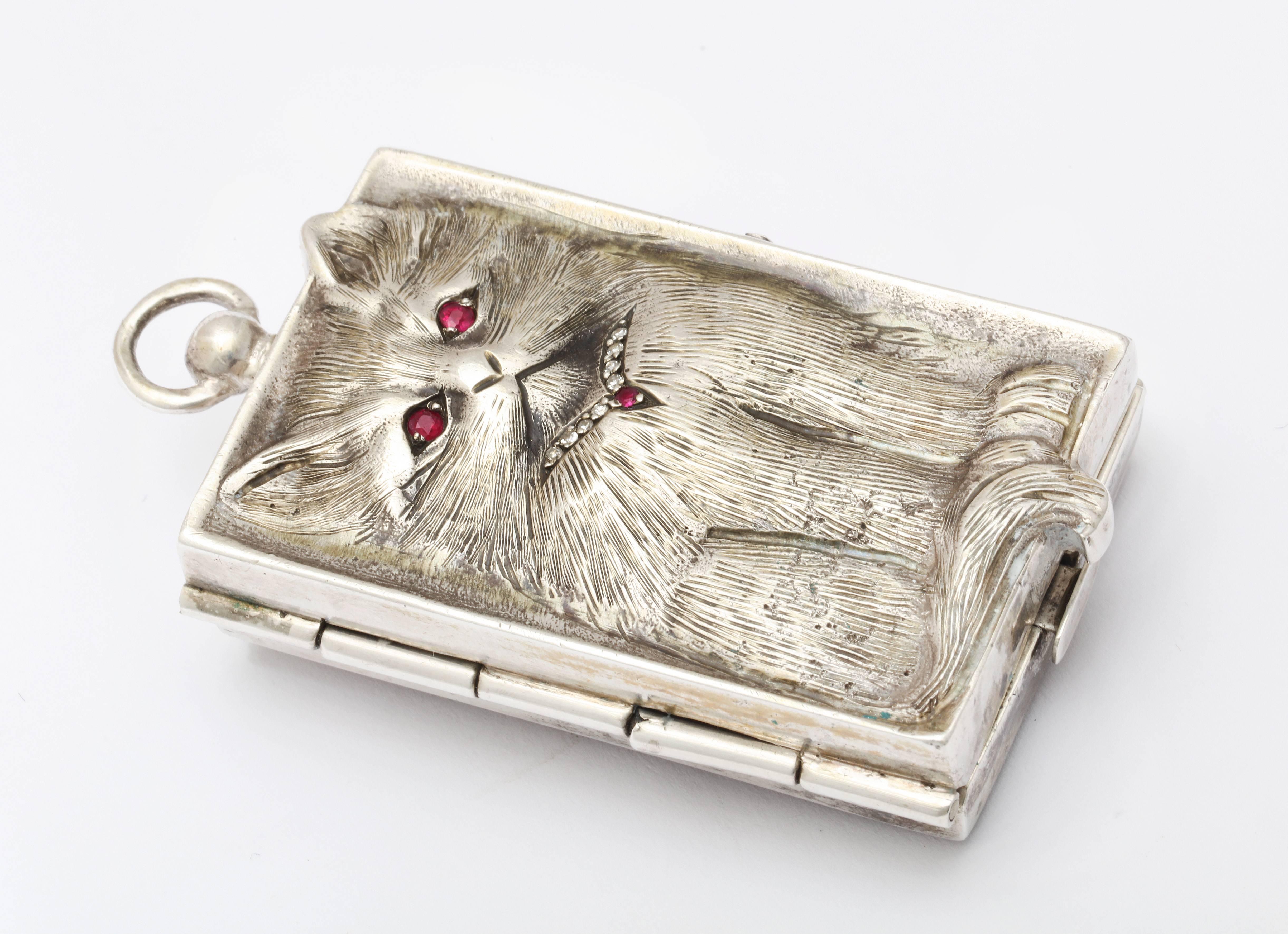 Women's or Men's  Silver Pendant of a Cuddlesome Kitty with Ruby Eyes