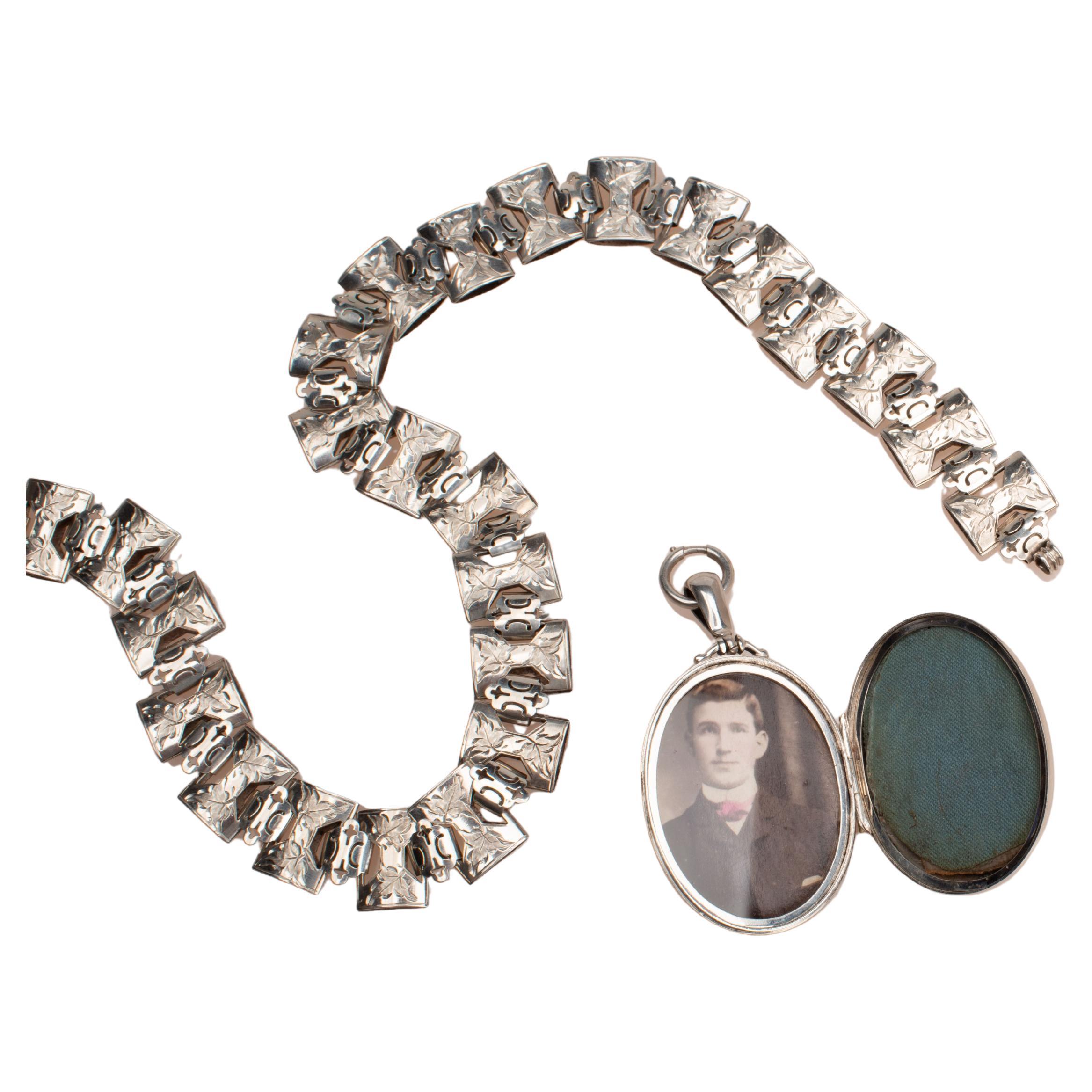 Victorian Sterling Silver Book Chain Necklace with Locket