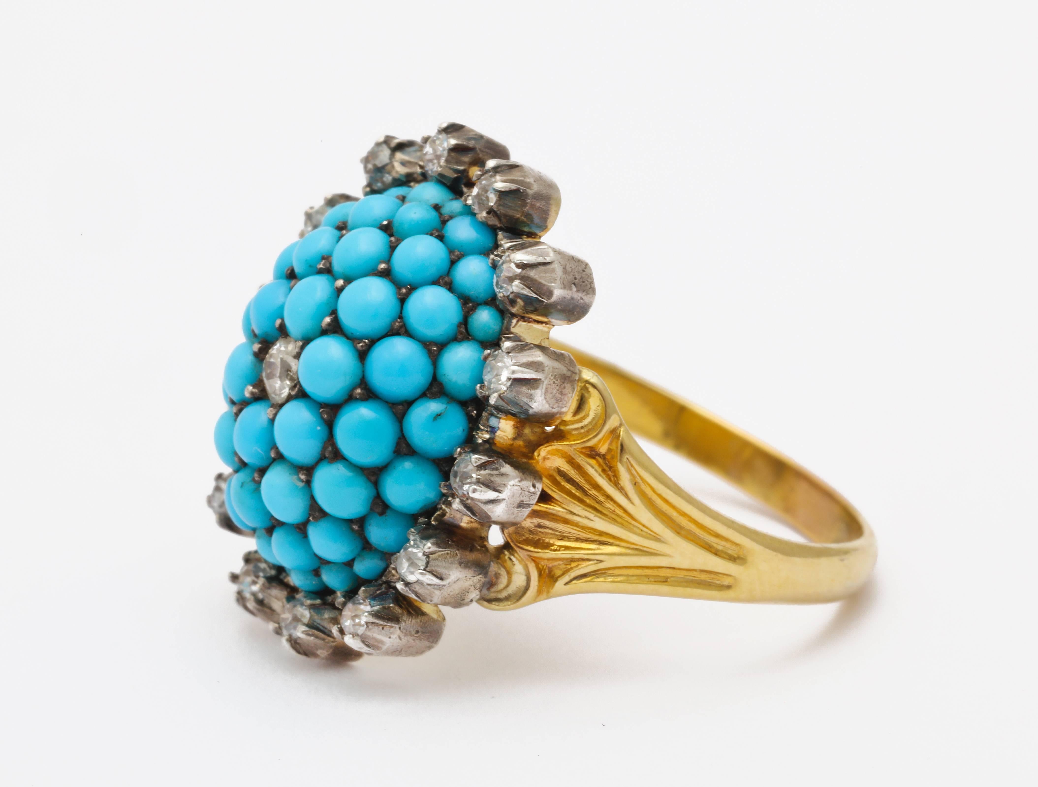 Antique Victorian Natural Turquoise Diamond Gold Ring In Excellent Condition In Stamford, CT