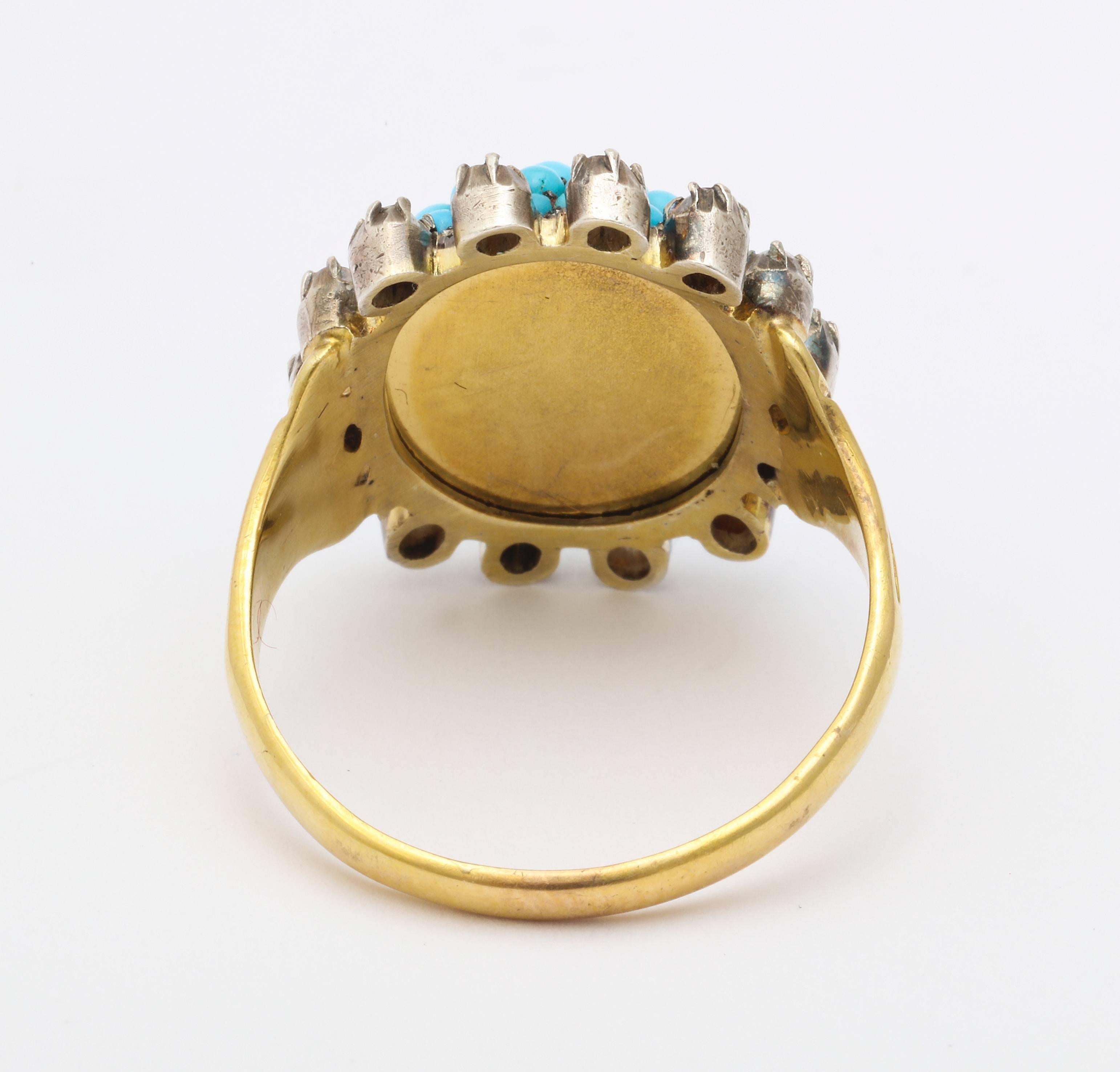 Women's or Men's Antique Victorian Natural Turquoise Diamond Gold Ring