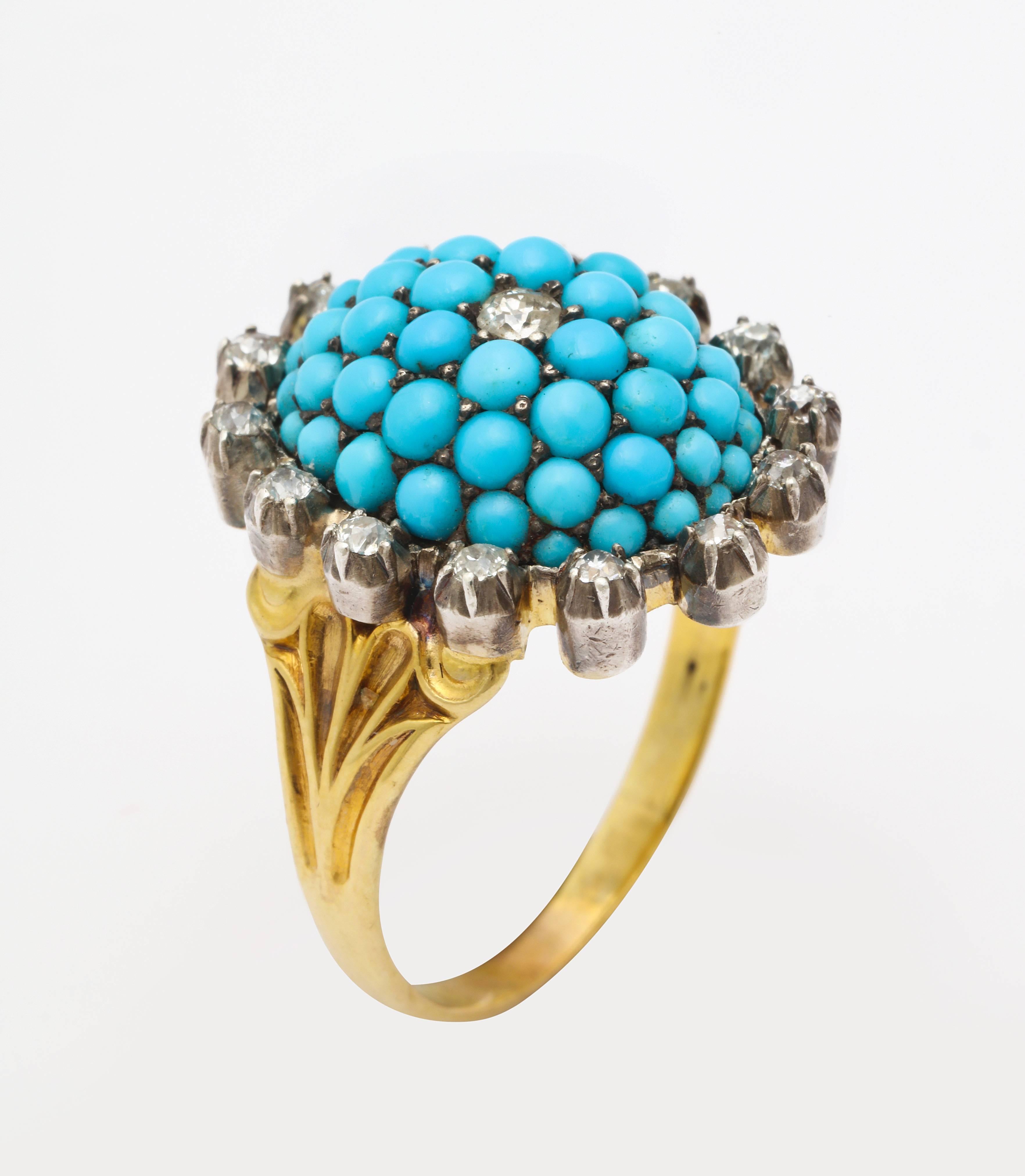 Antique Victorian Natural Turquoise Diamond Gold Ring 1