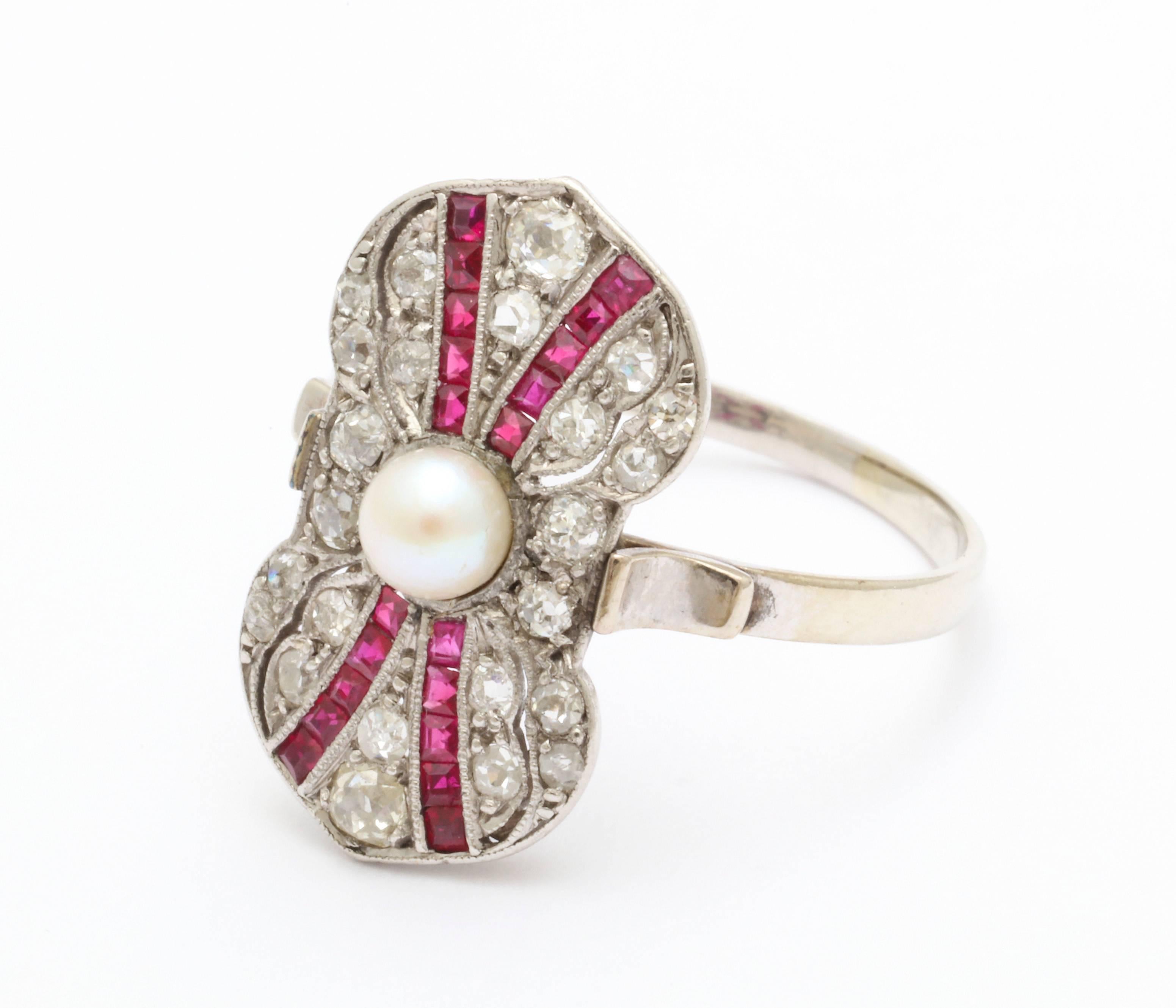 Round Cut Art Deco Ruby Diamond Pearl Ring