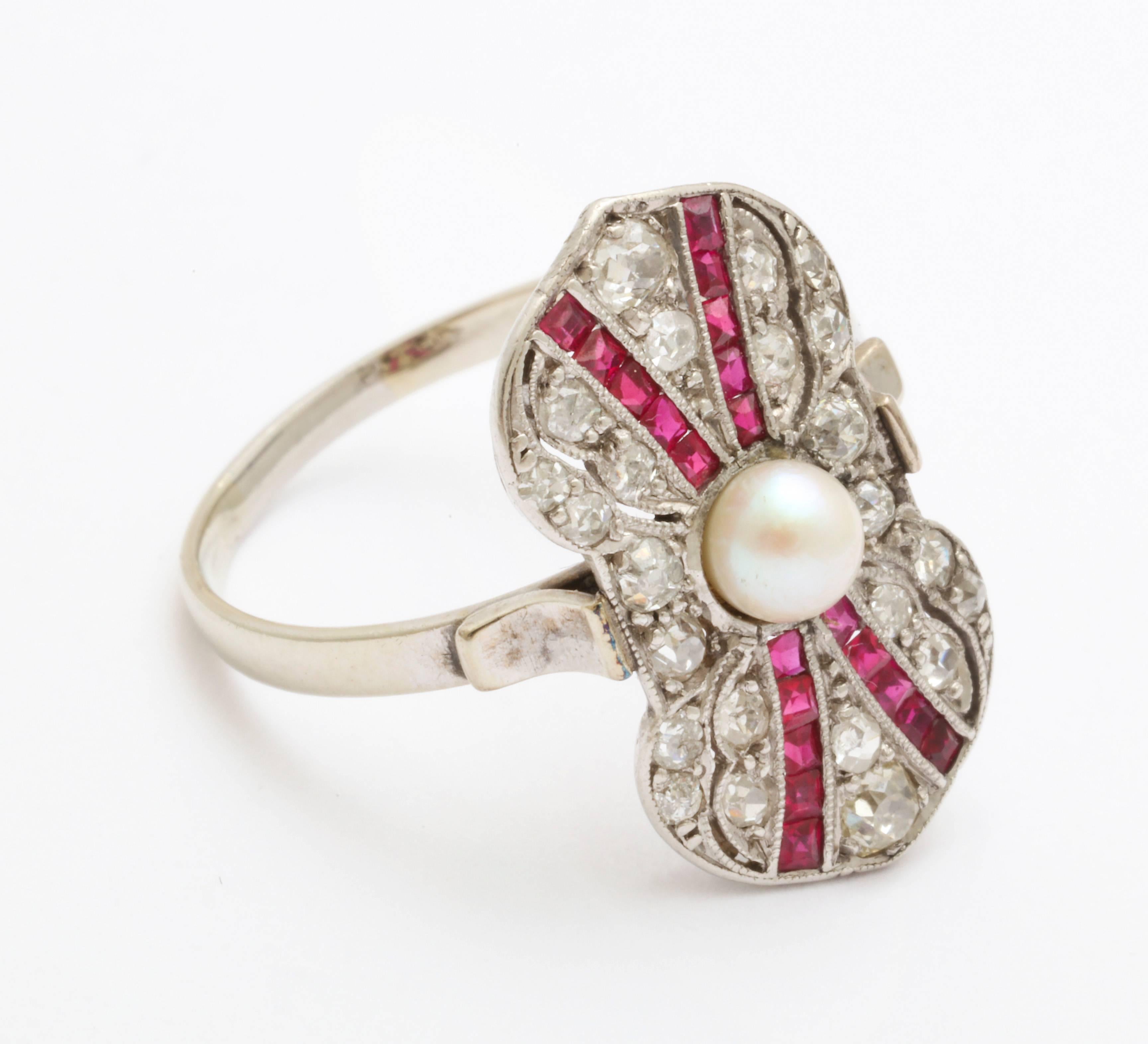 Women's Art Deco Ruby Diamond Pearl Ring