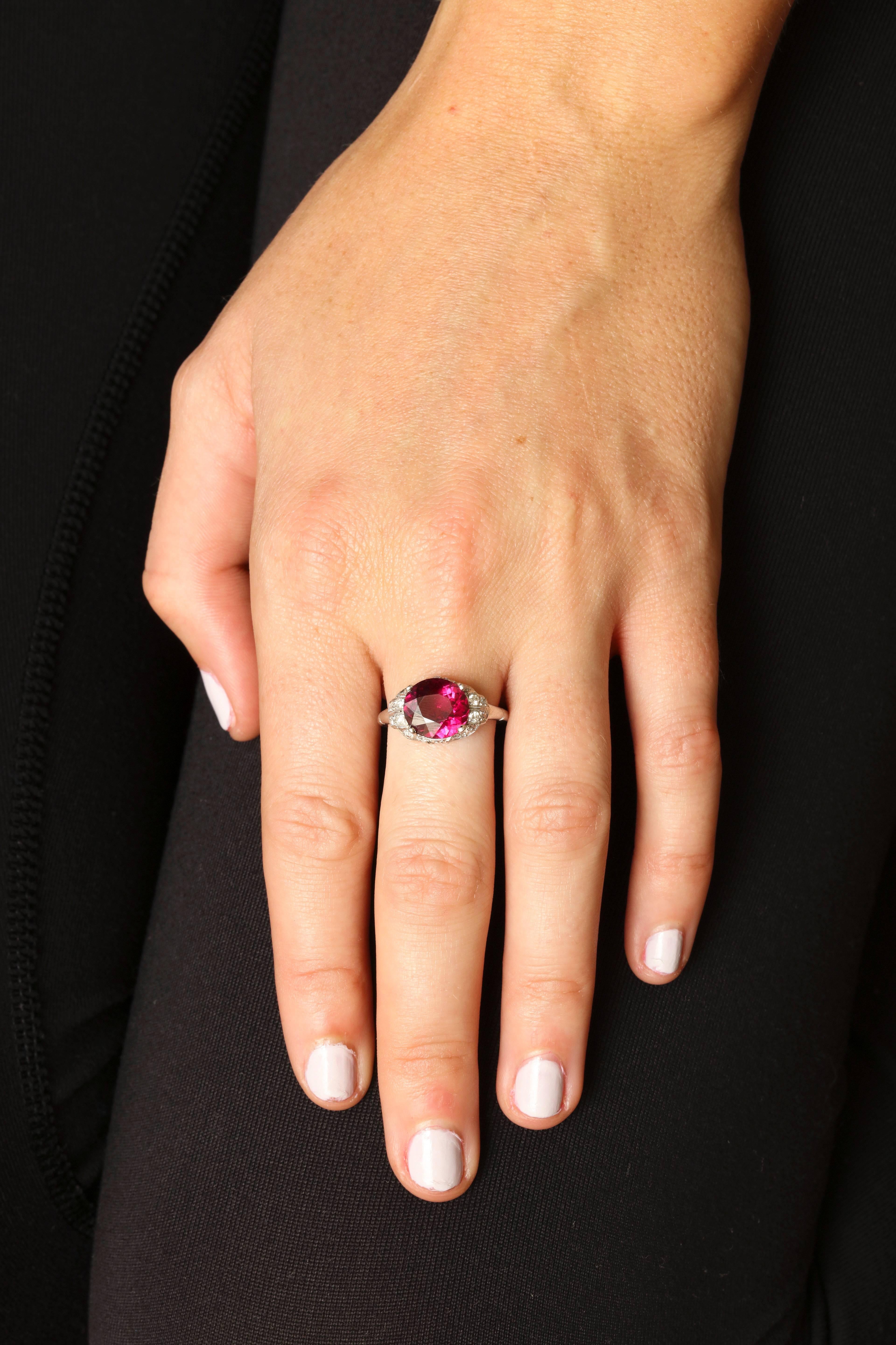 Modern Vintage Rhodolite Garnet  Diamond PLATINUM Ring 
 For Sale