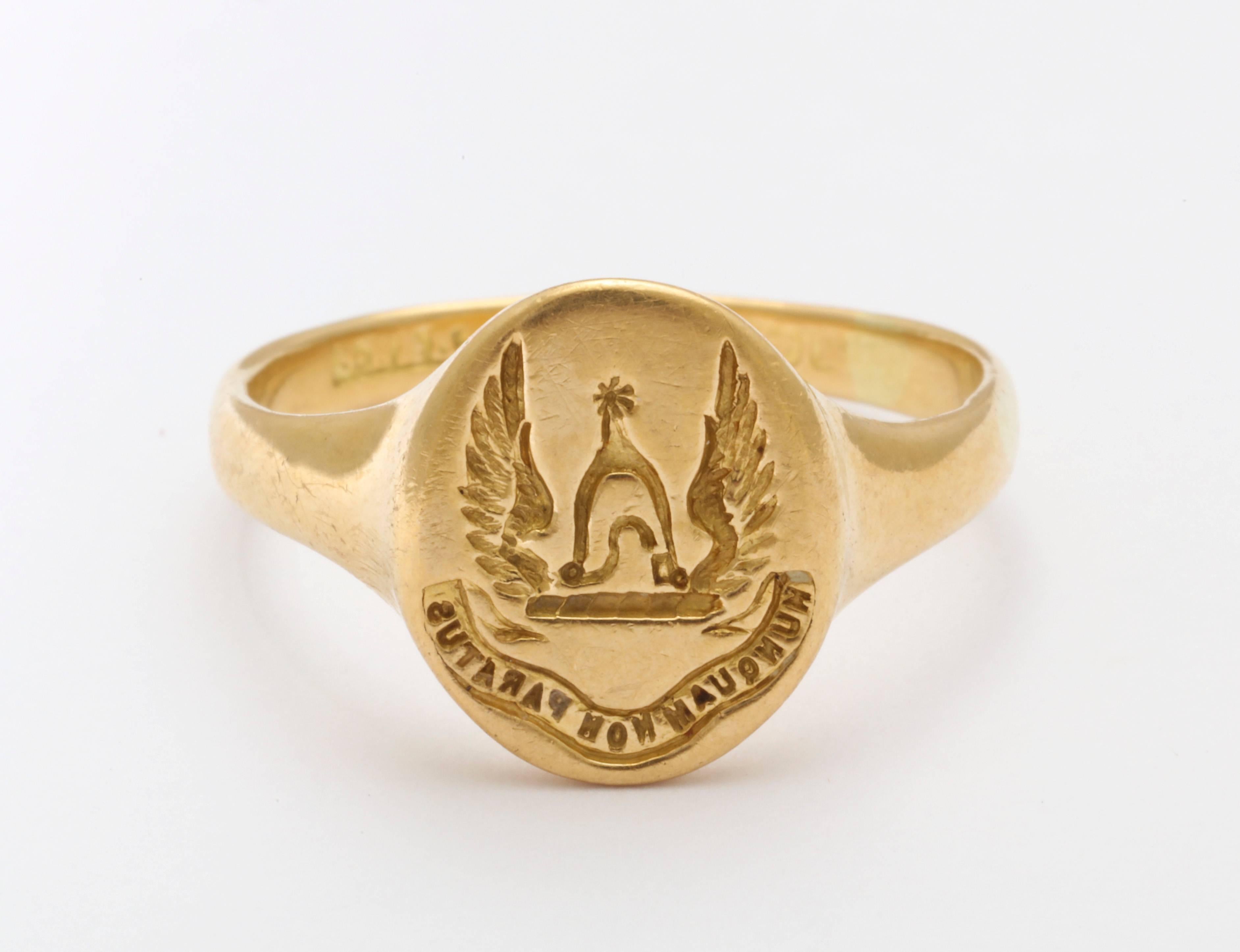 A stylized eagle is the signet of this ancient Scottish clan's ring of beautifully soft toned 18 kt gold, c. 1860-1880.  The engraving is crisp and clear. Ring size is 8 1/2. Bring it to a fine jeweler to size so that the sizing is not obvious. The