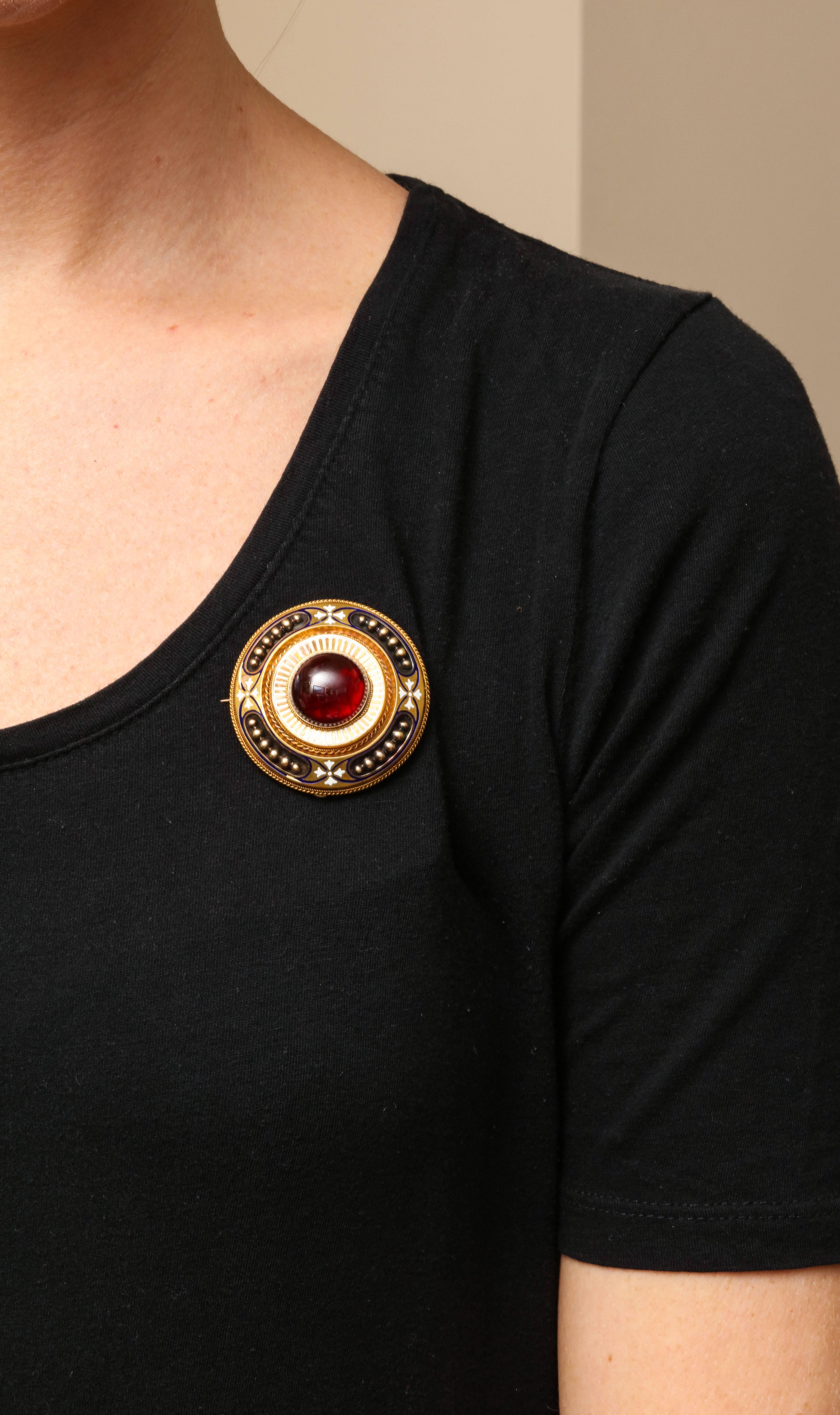 Antique Victorian Large Garnet White Enamel Gold Brooch In Excellent Condition For Sale In Stamford, CT