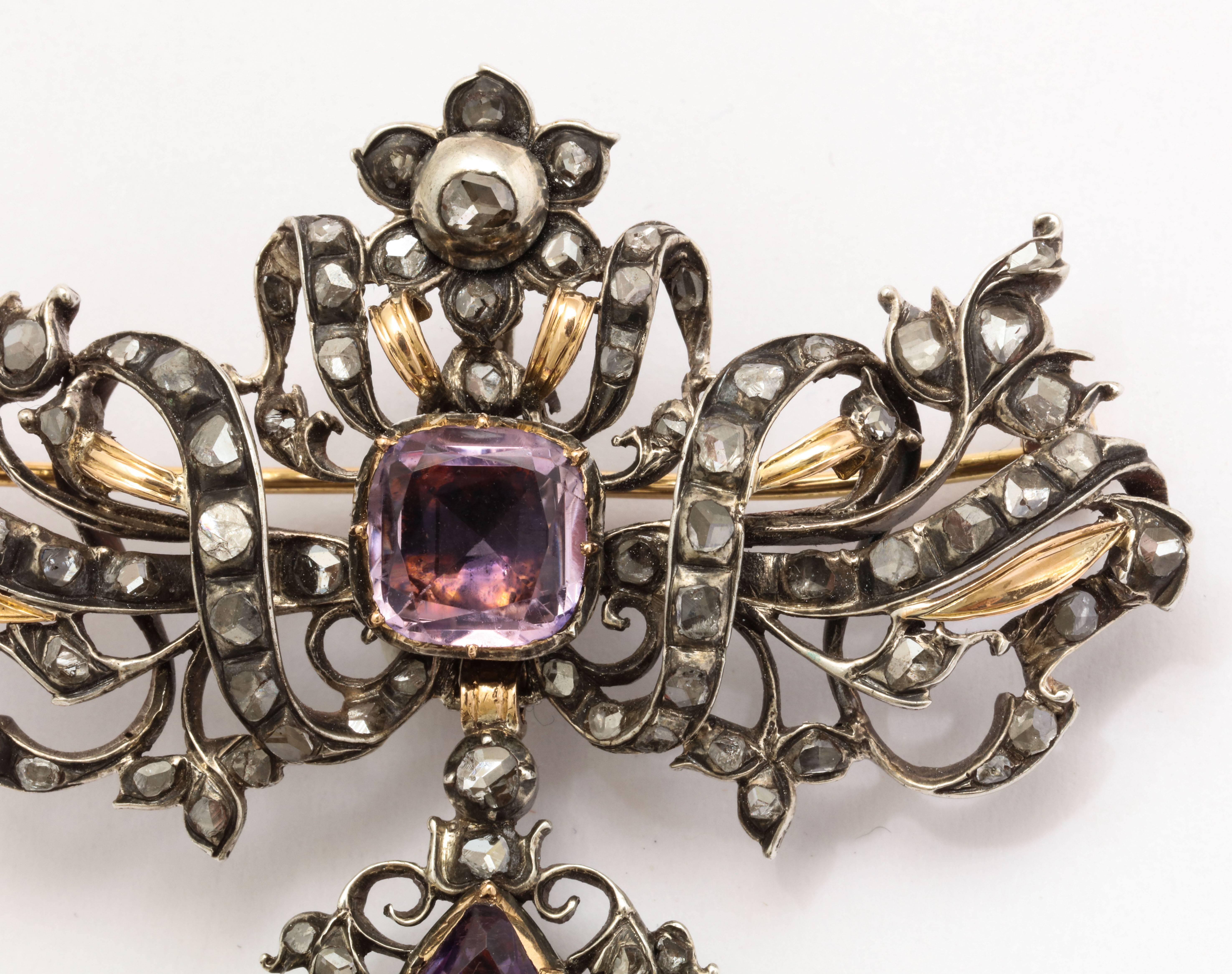 Antique  Portuguese Amethyst Diamond Pendant Brooch In Excellent Condition In Stamford, CT