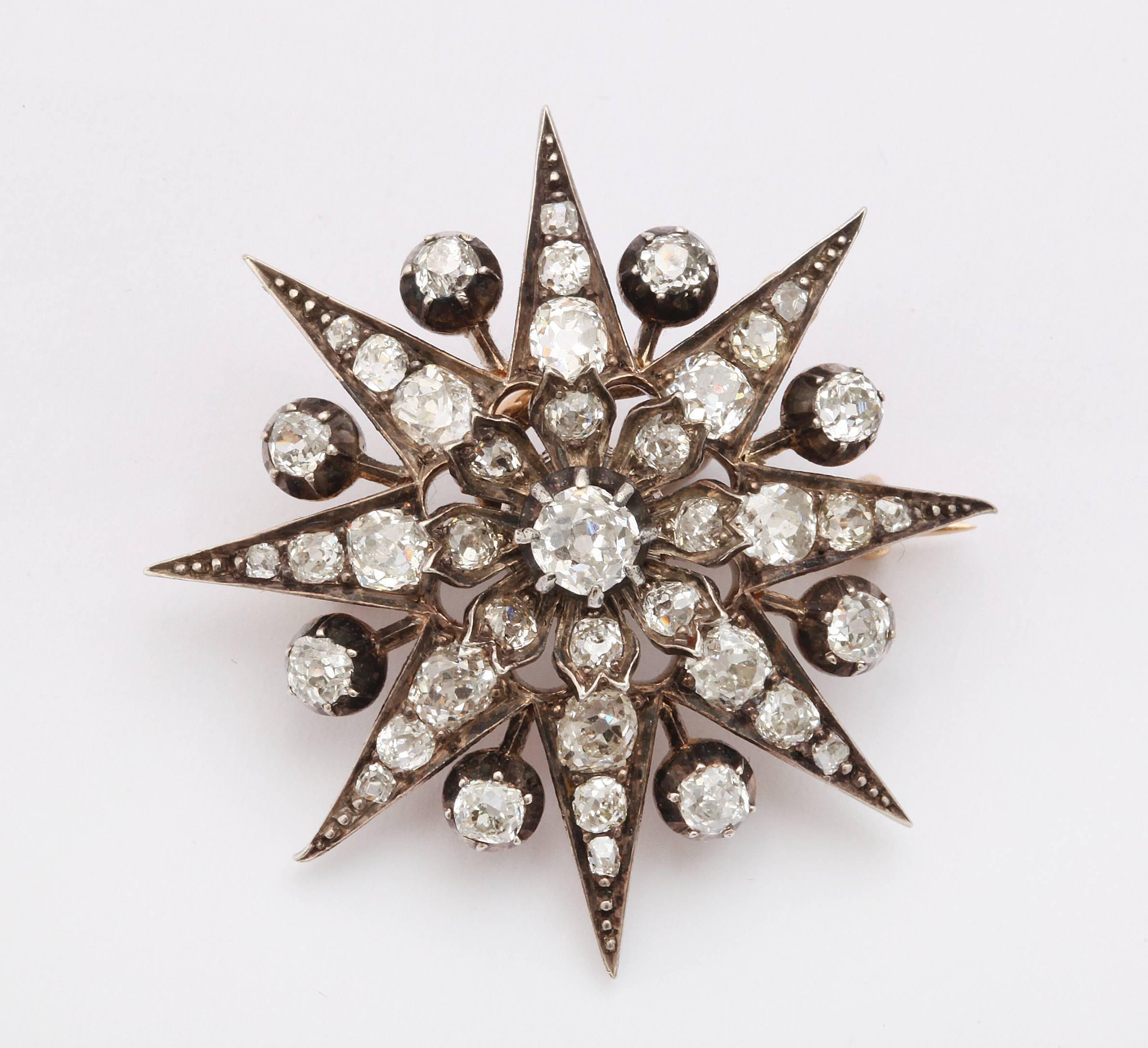A  Victorian treasured star pendant, the face completely covered with conservatively 3.00 cts of antique old mine diamonds, is made in the clever Victorian convertible manner . The bale folds behind the star and the pin section unscrews so that the