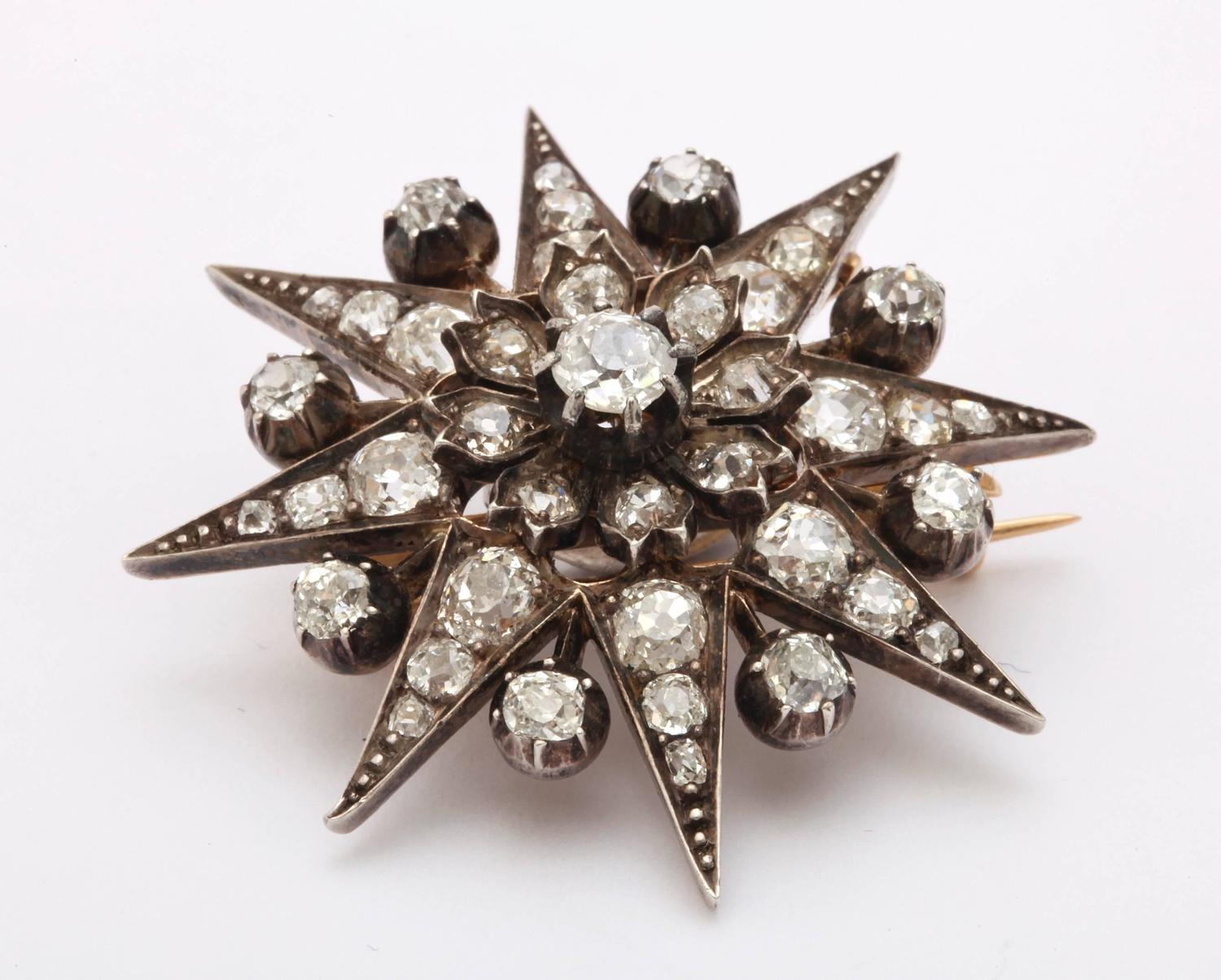 Antique Victorian Eight Point Old Mine Diamond Star Pendant Brooch For ...