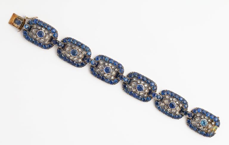Round Cut Antique Victorian Vivid Ceylon Sapphire Diamond Bracelet For Sale