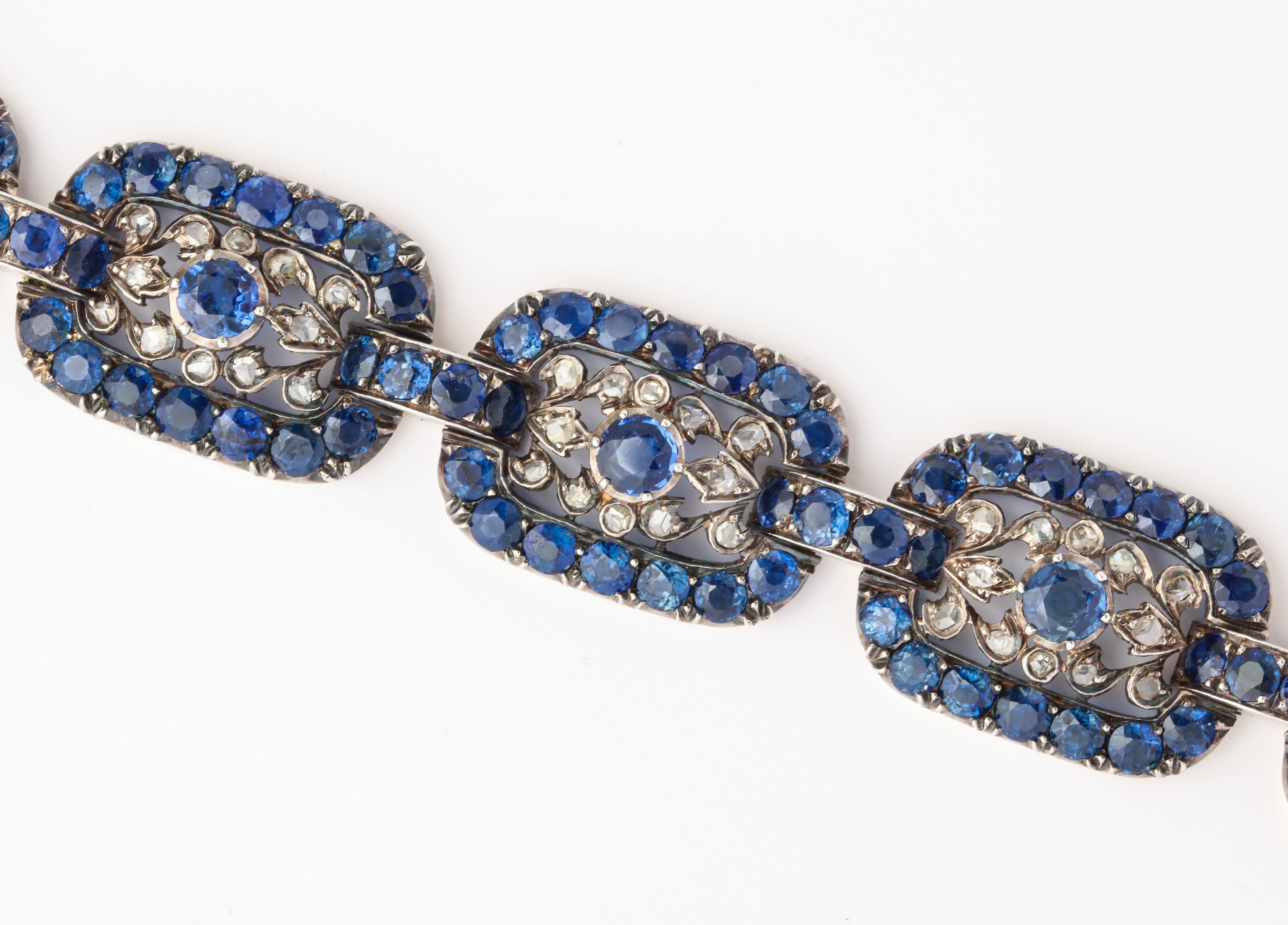 Round Cut Antique Victorian Vivid Ceylon Sapphire Diamond Bracelet