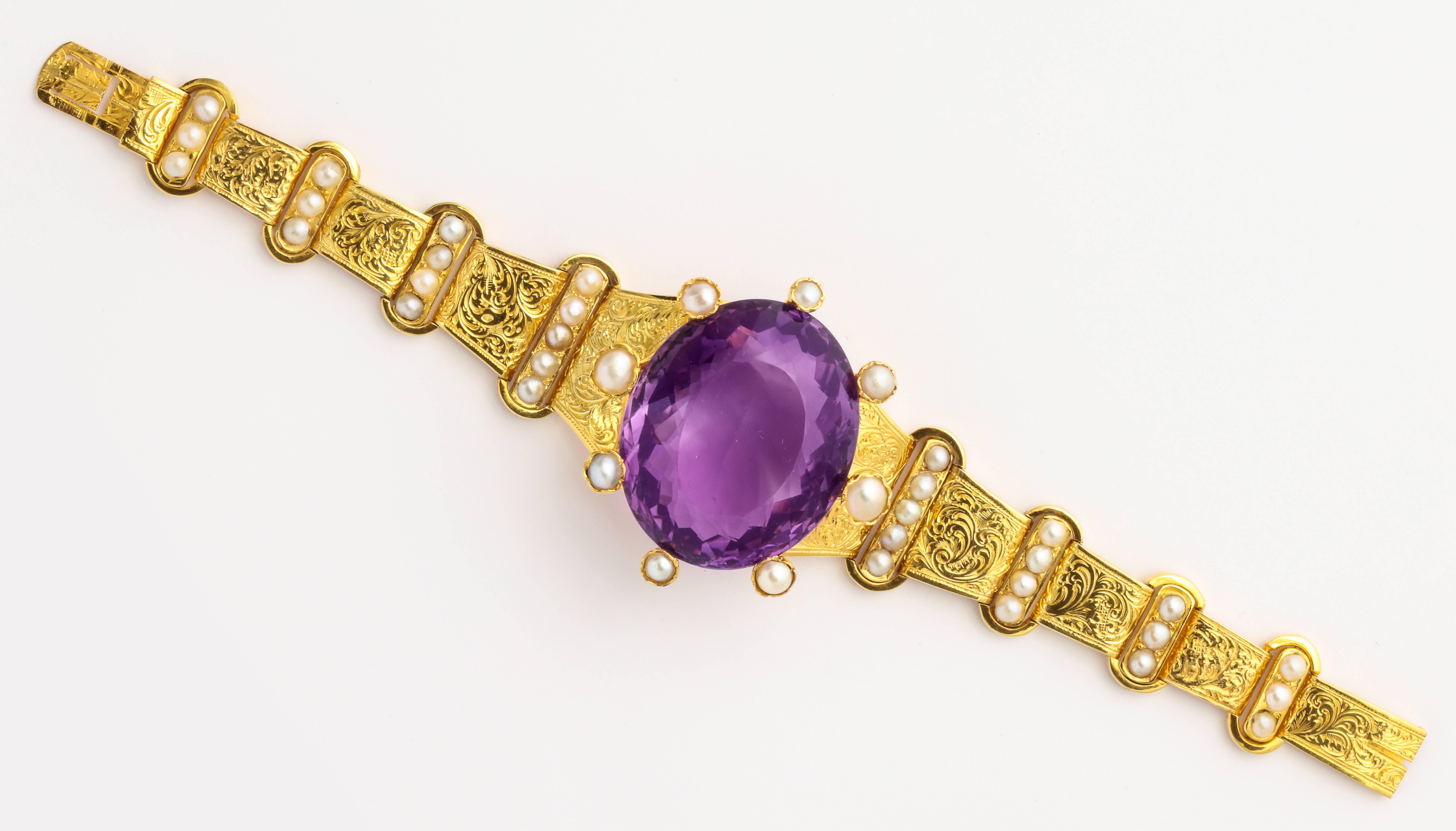 18 kt Victorian Amethyst Pearl Gold Bracelet In Excellent Condition For Sale In Stamford, CT