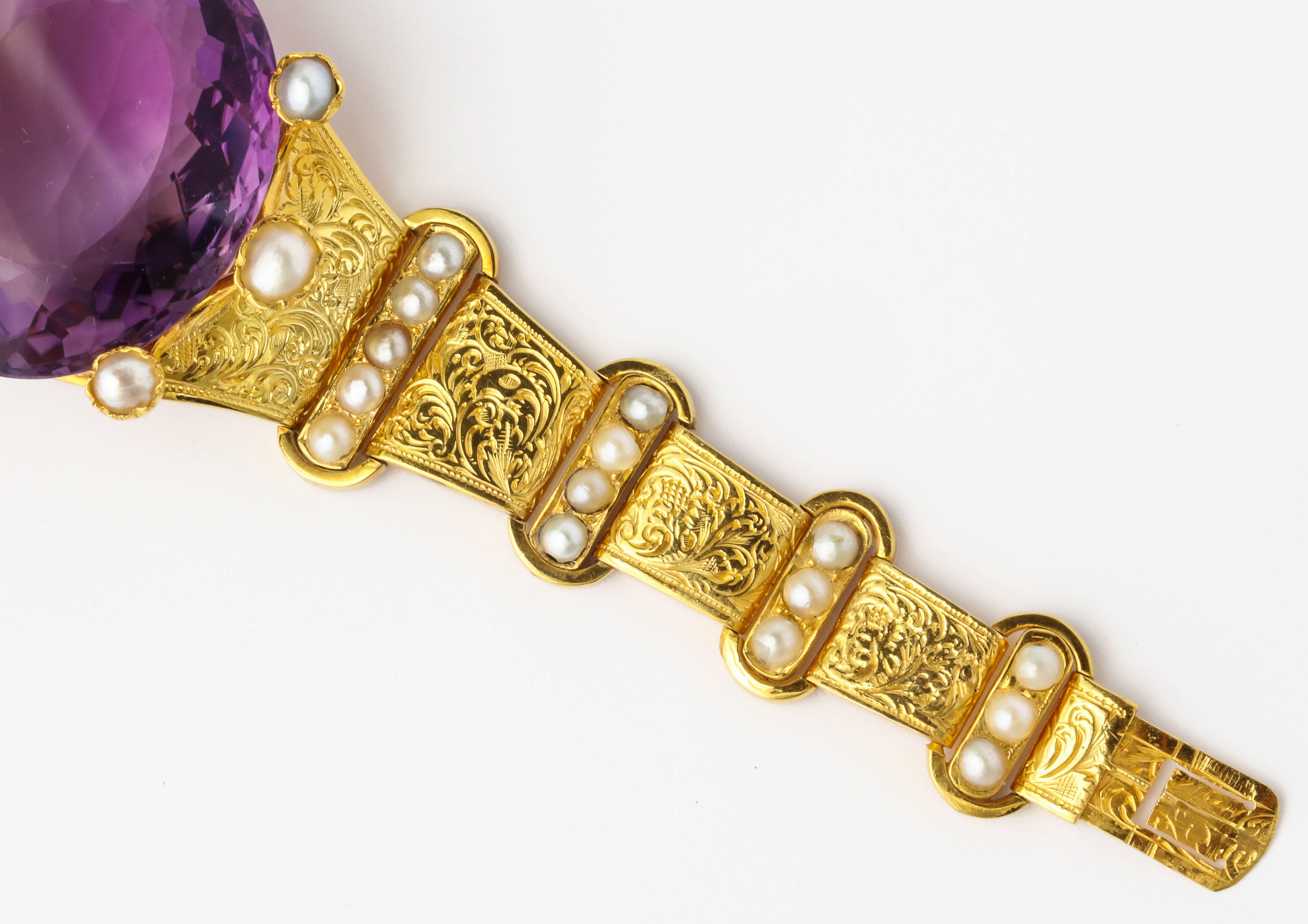 Oval Cut 18 kt Victorian Amethyst Pearl Gold Bracelet For Sale