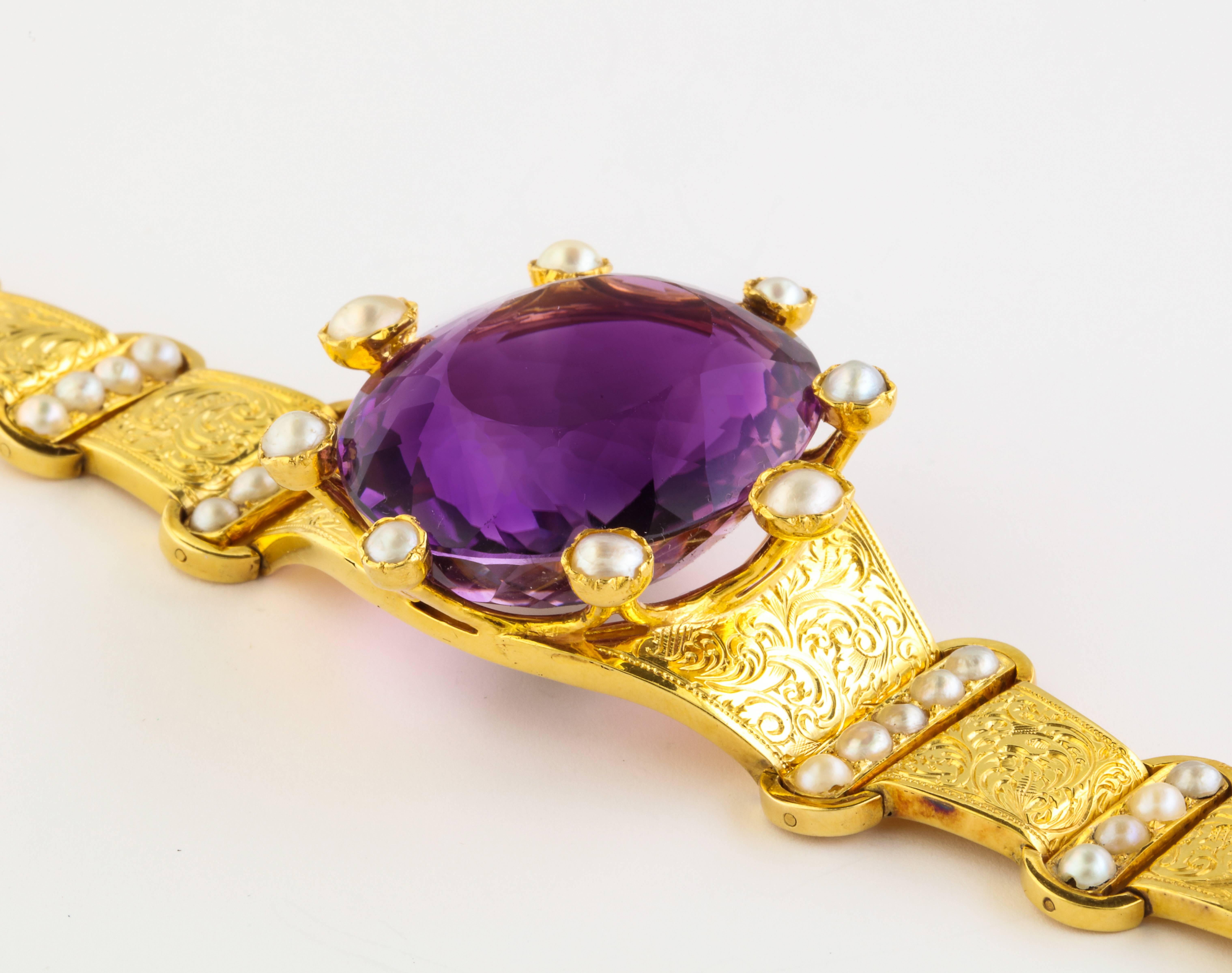 18 kt Victorian Amethyst Pearl Gold Bracelet For Sale 2
