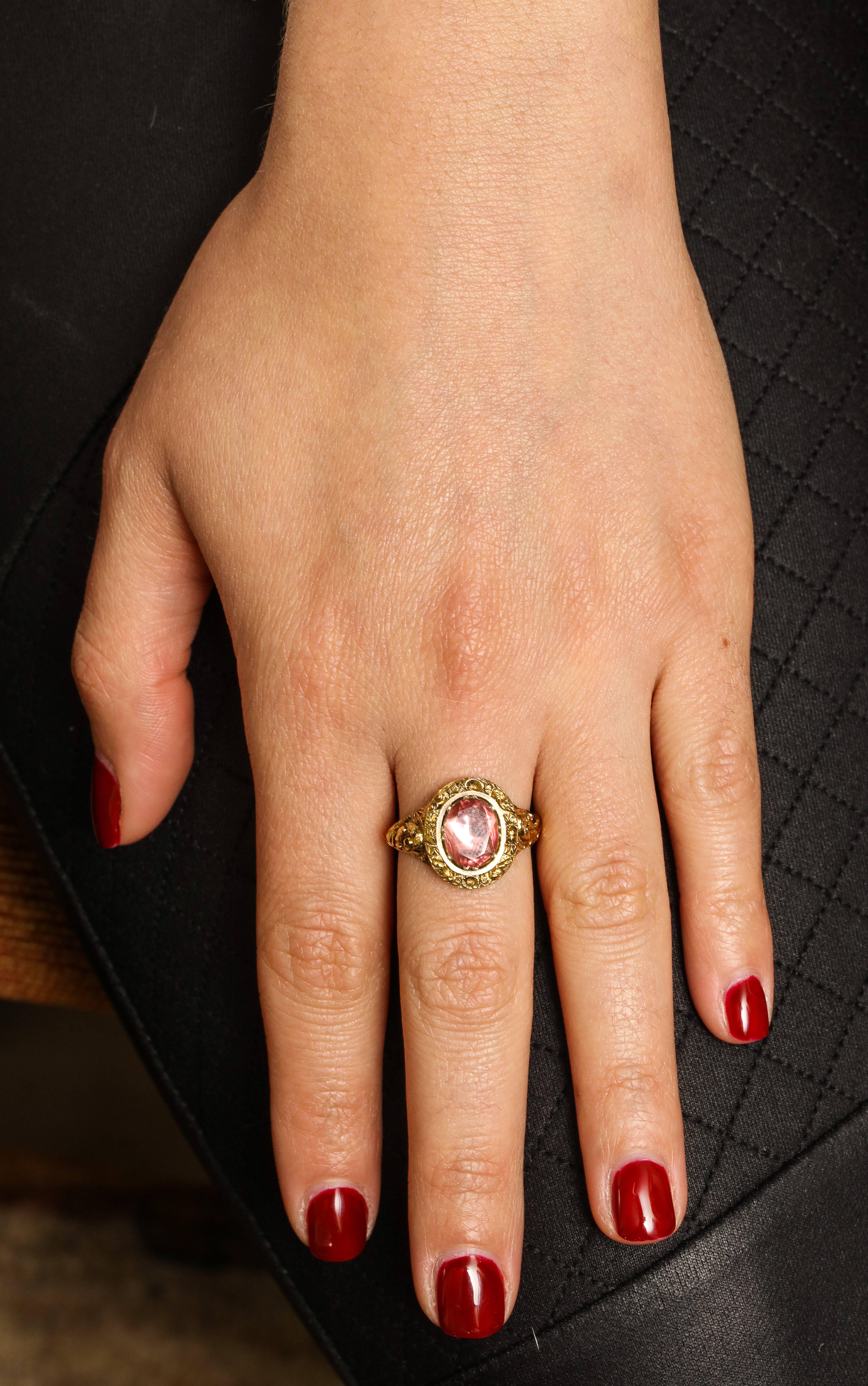 Antique Georgian Foiled Pink Rock Crystal Ring In Excellent Condition In Stamford, CT