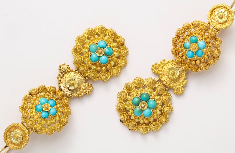 Early Victorian Antique Regency Cannetille Gold Turquoise Chandelier Earrings