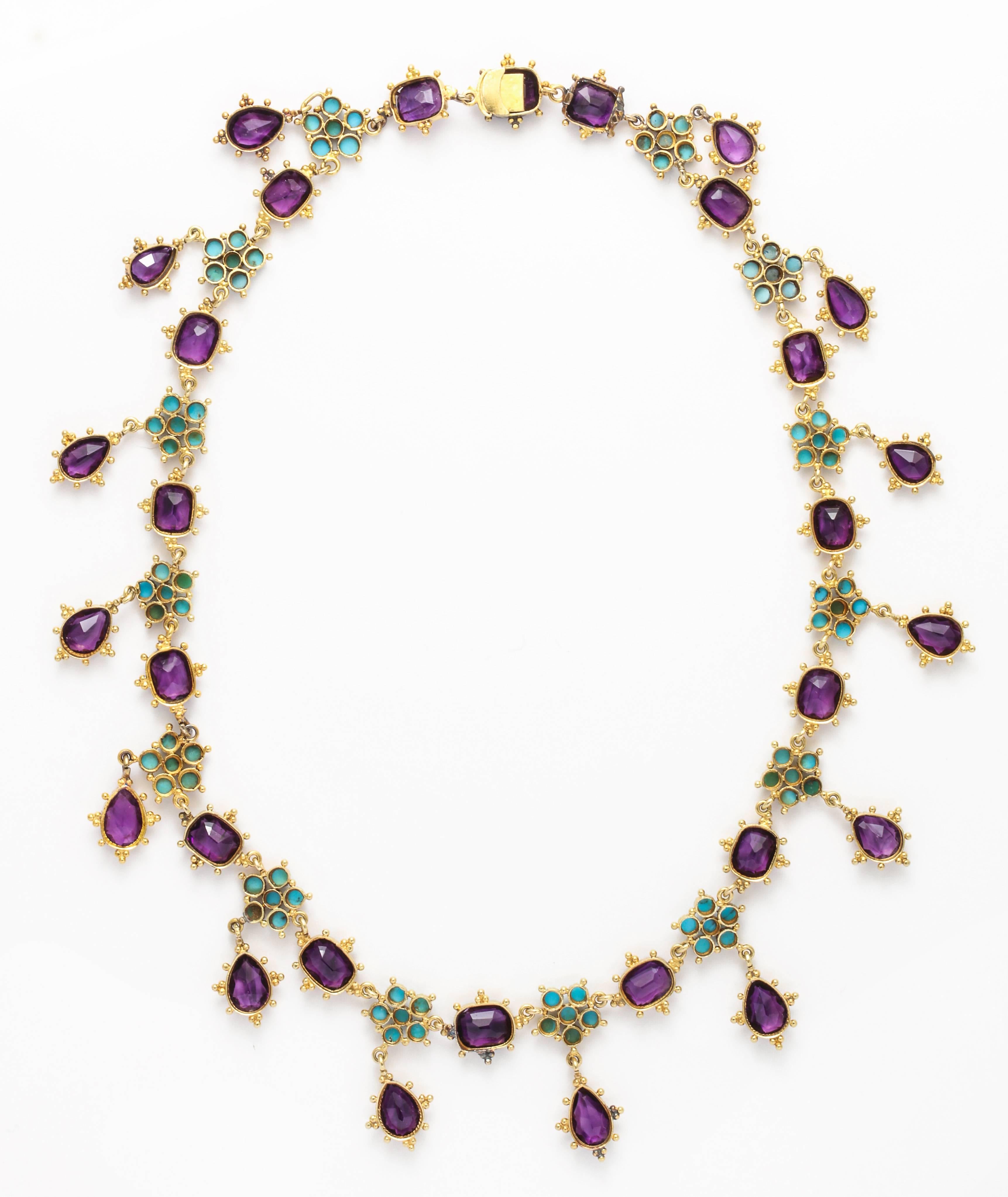 Round Cut Antique Victorian Era Turquoise Petal and Amethyst Necklace