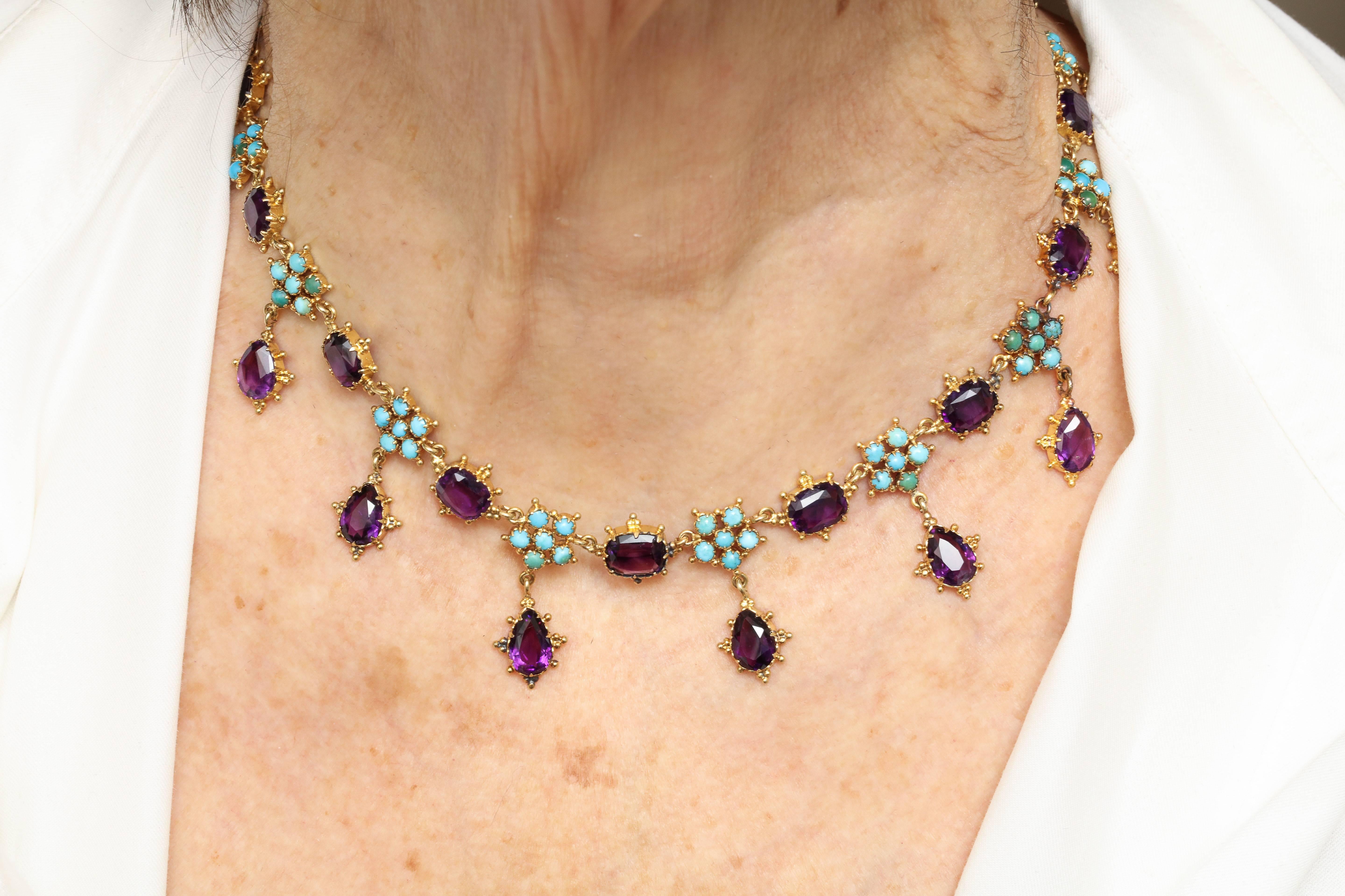 Antique Victorian Era Turquoise Petal and Amethyst Necklace In Excellent Condition In Stamford, CT