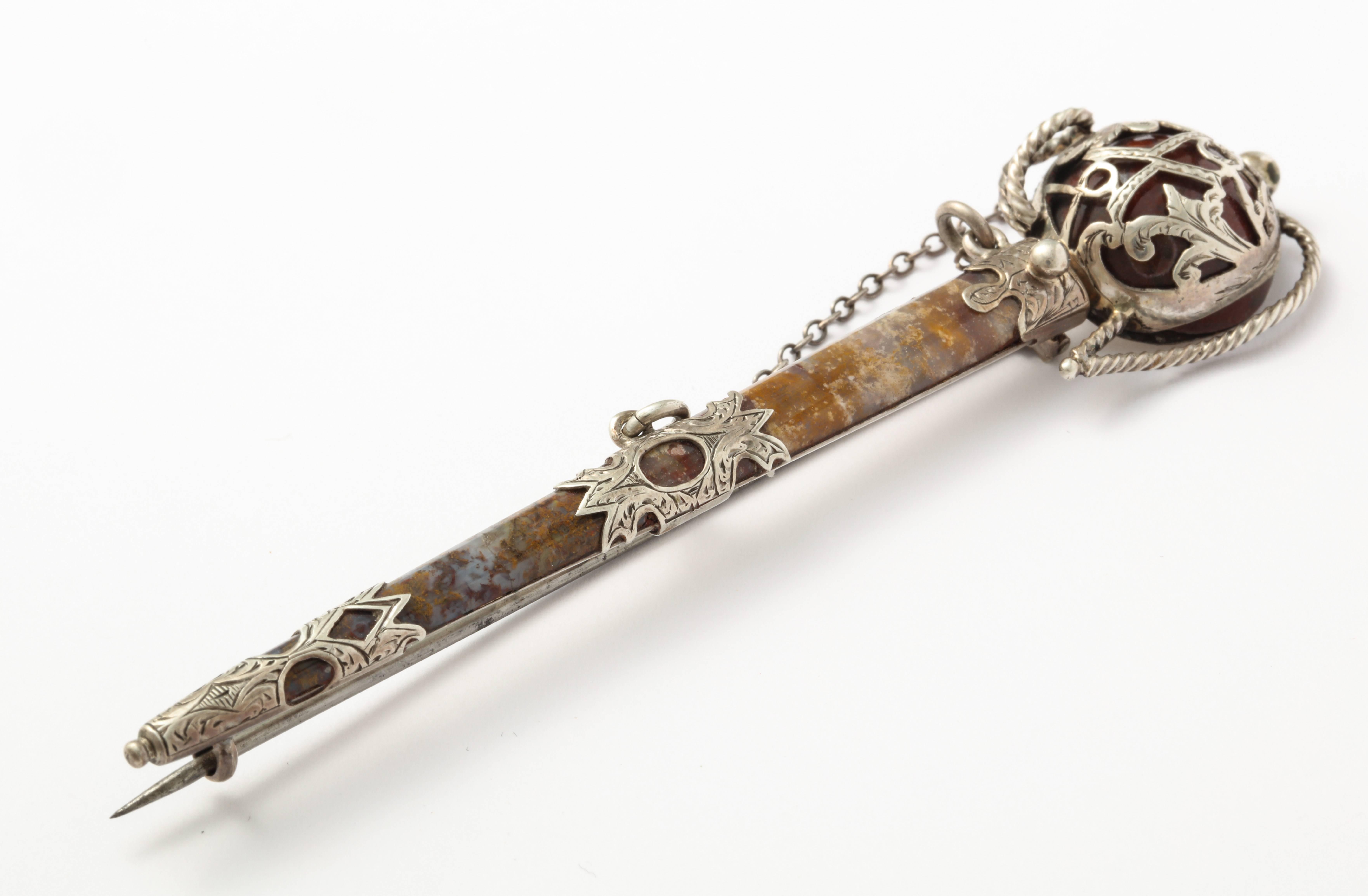 Women's or Men's Scottish Moss Agate Silver Sword Brooch, Victorian