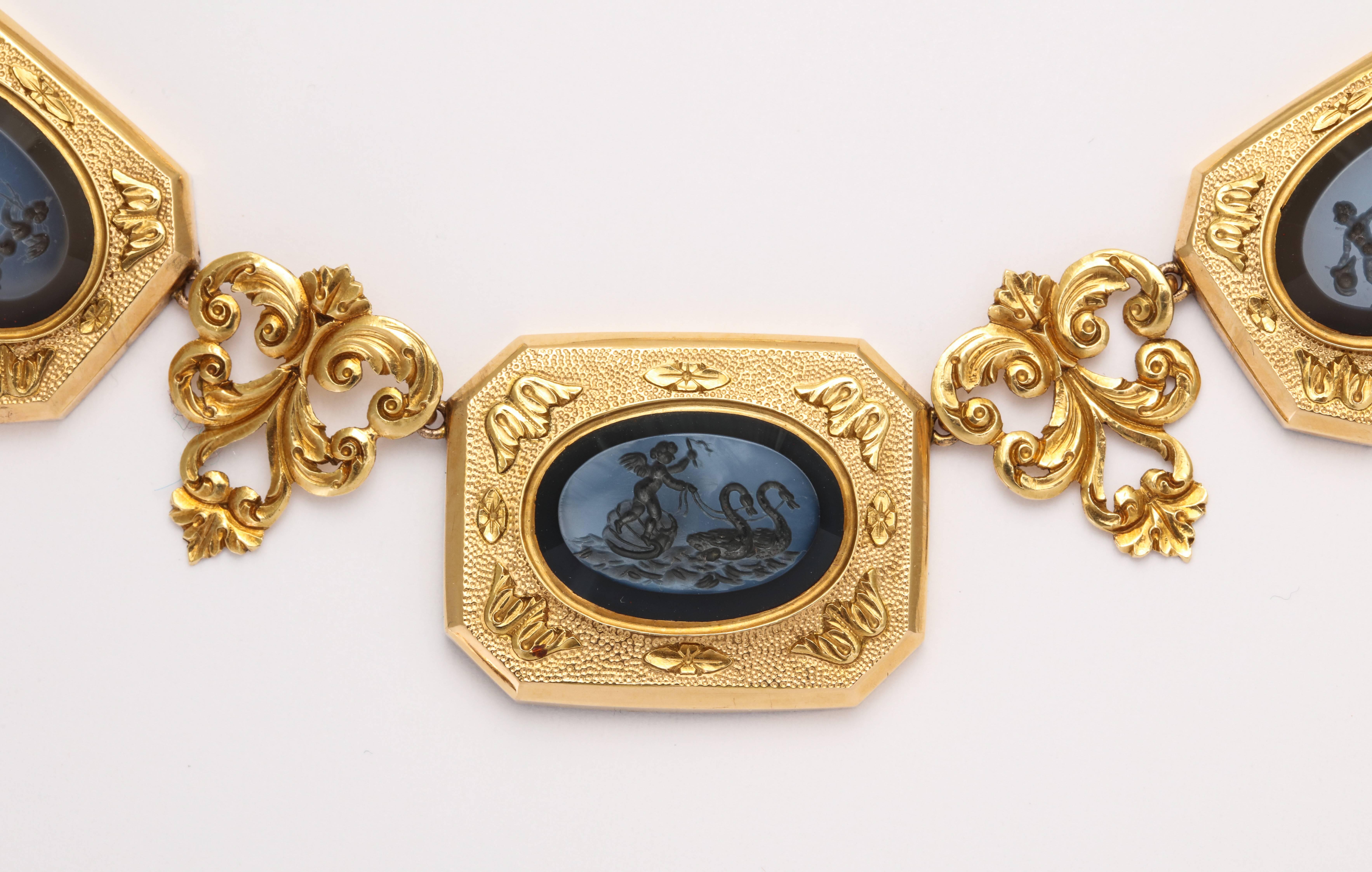 High Victorian Hardstone Intaglio Necklace with Eleven Mythological Figures In Excellent Condition In Stamford, CT