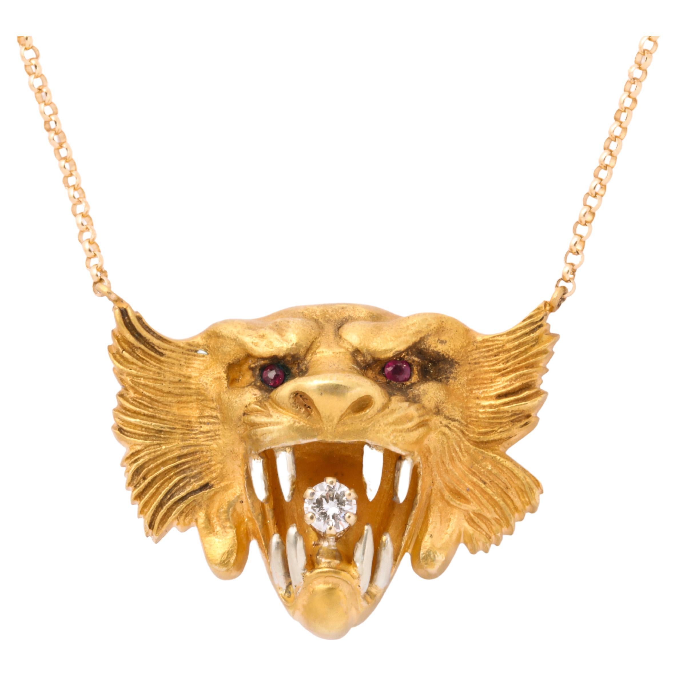 Antique Art Nouveau Lion Necklace with Diamond and Ruby For Sale